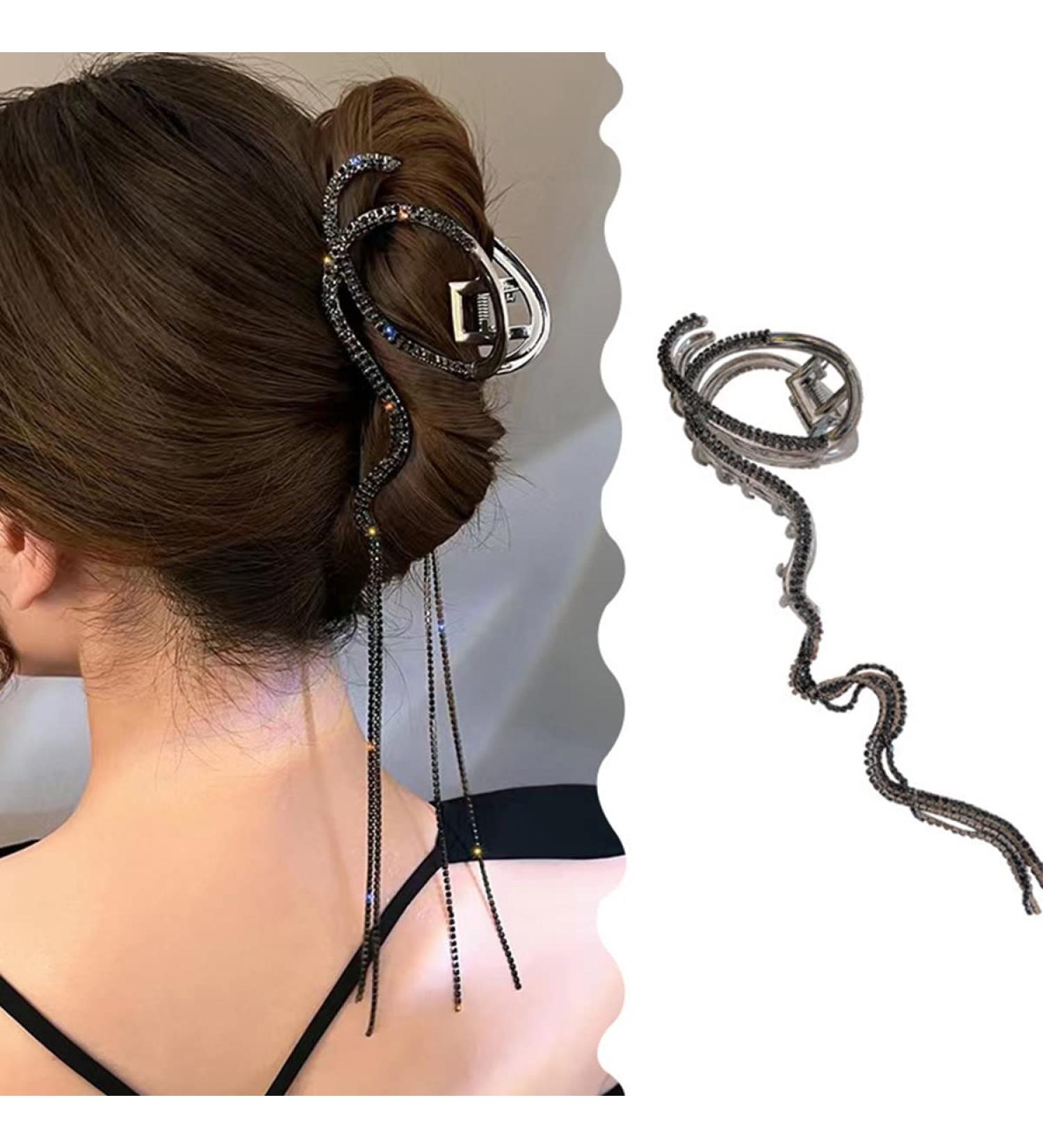 Large Claw Clip for Thick Hair - Glitter Tassel Metal Clip with Snake Rhinestone Design - Strong Hold Hairpin Jaw Clip for Women - Hair Accessories - Black - Buy Online on GoSupps.com