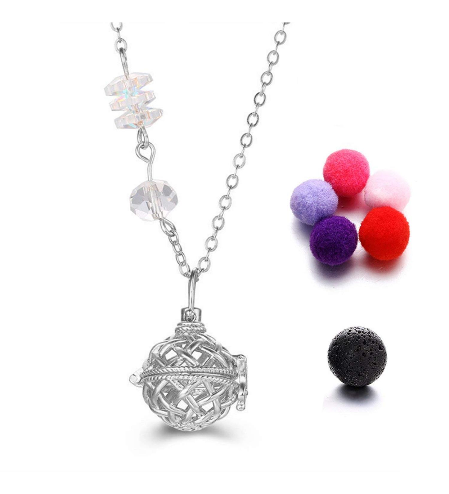 Essential Oil Diffuser Necklace Gold Plated Aromatherapy Diffuser Locket Pendant Necklace Jewellery Set for Women 1 Volcanic Stone+ 5 Random Colors Refill Hairball Mesh - Silver Durable and Practical Useful - Buy Online on GoSupps.com