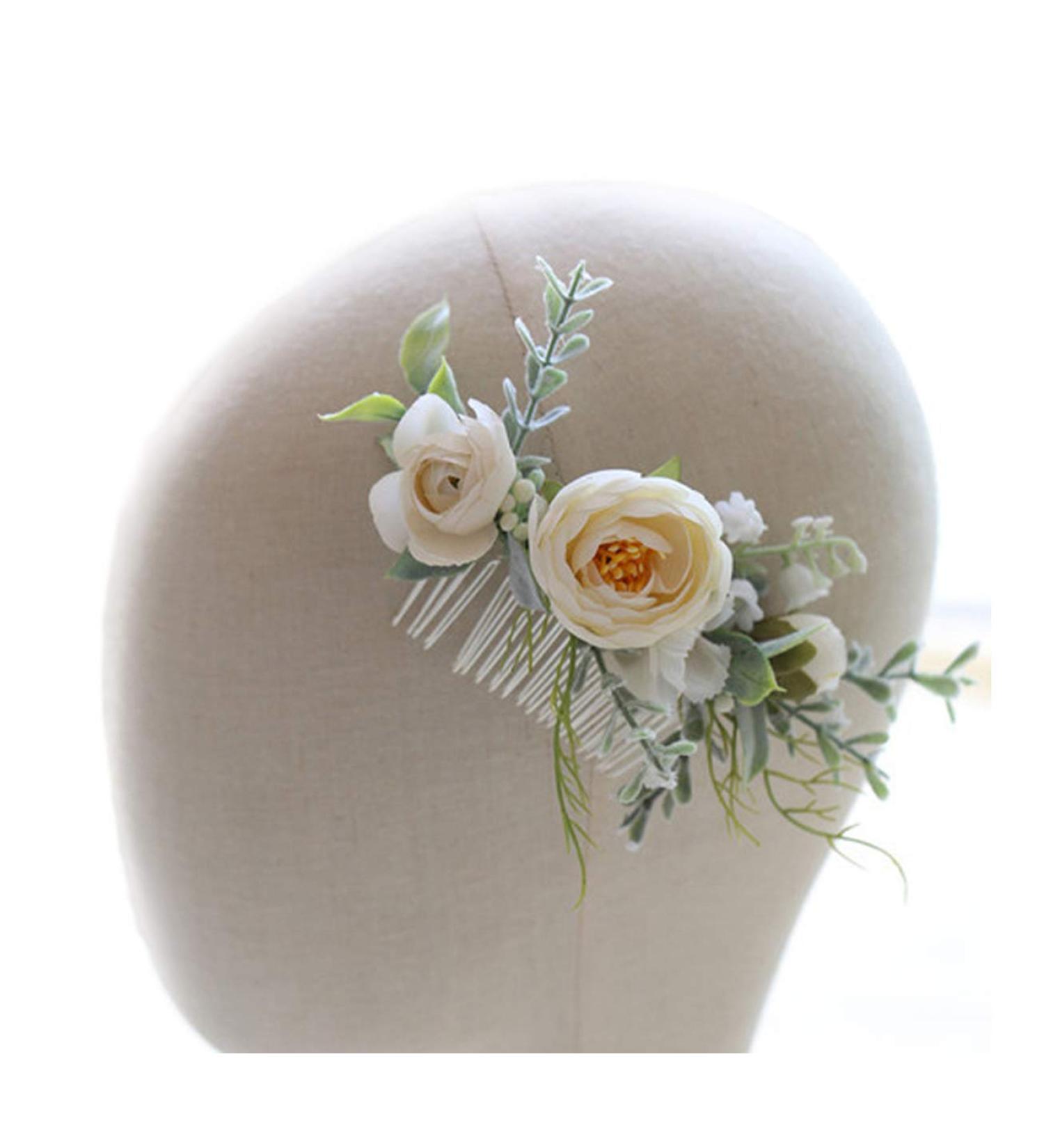 FIDDY898 Wedding Bridal Comb Camellia Ranunculus Floral Hair Clip Headpiece - Green Leaf Design | One Size - Buy Online on GoSupps.com