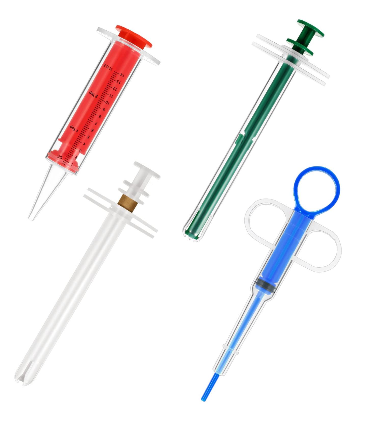 4-Piece Pet Pill Shooter Syringe Dispenser Set for Cats Dogs - Safe Reusable Medical Feeding Tool in Blue, Green, Red & White - Buy Online on GoSupps.com