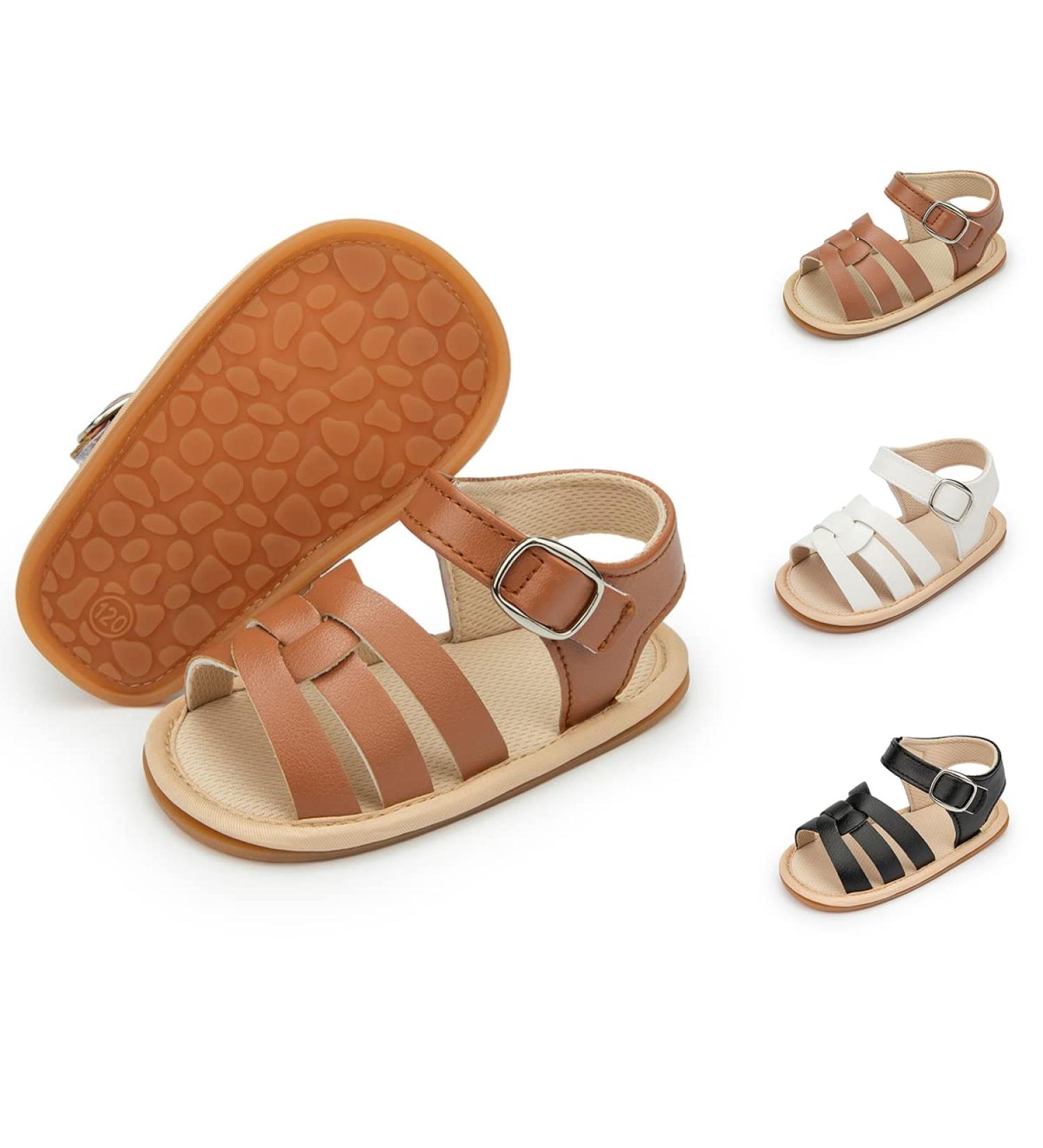 Infant Baby Summer Sandals | Newborn Bowknot Crib Shoes | Soft Rubber Sole Beach Toddler Sandals | Pu Leather Flats for Boys and Girls | 3-6 Months | Brown - Buy Online on GoSupps.com