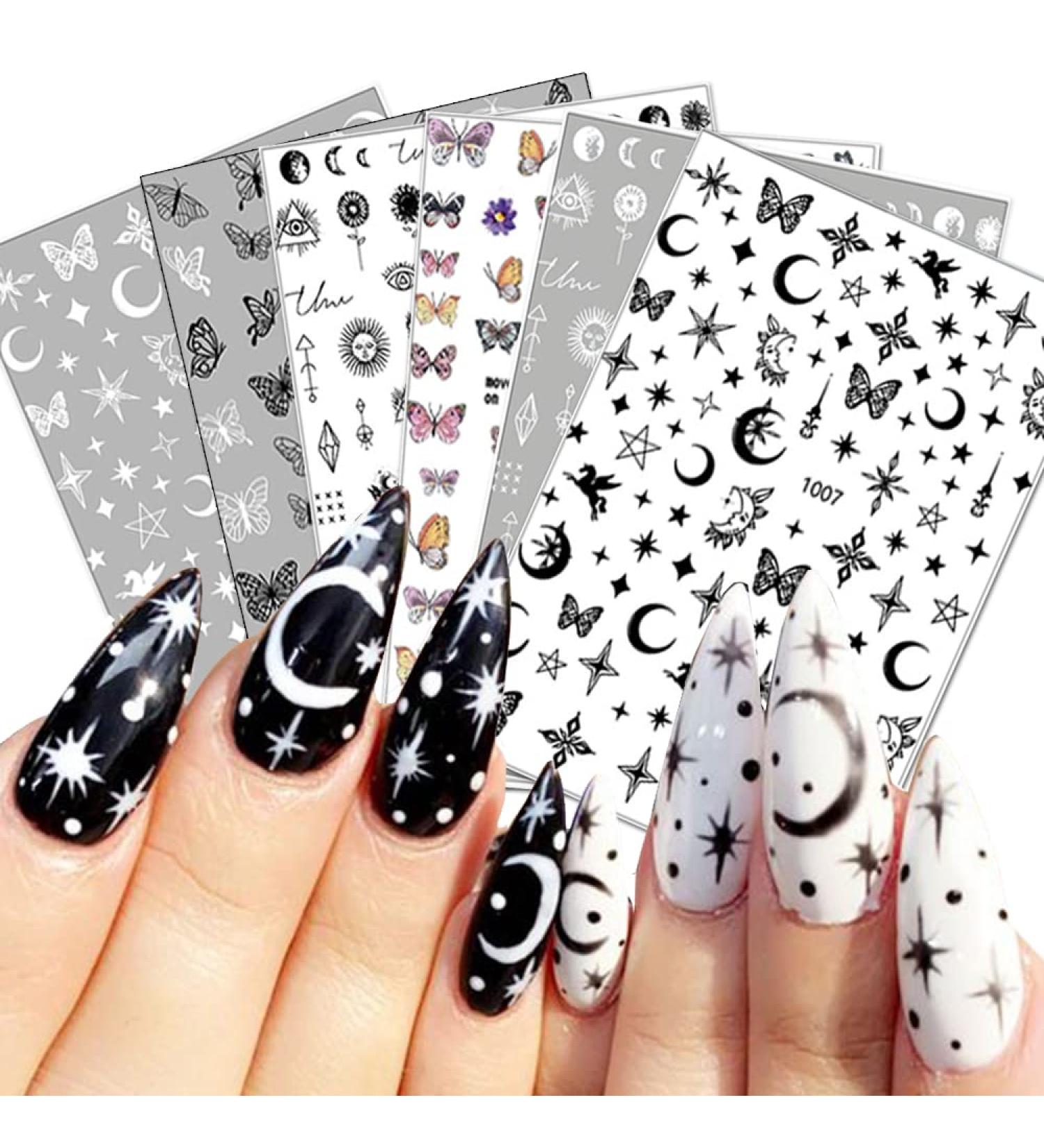 3D Black White Butterfly Nail Art Stickers - Self-Adhesive Constellation Flowers Star Moon Designs - 6 Sheets - Buy Online on GoSupps.com
