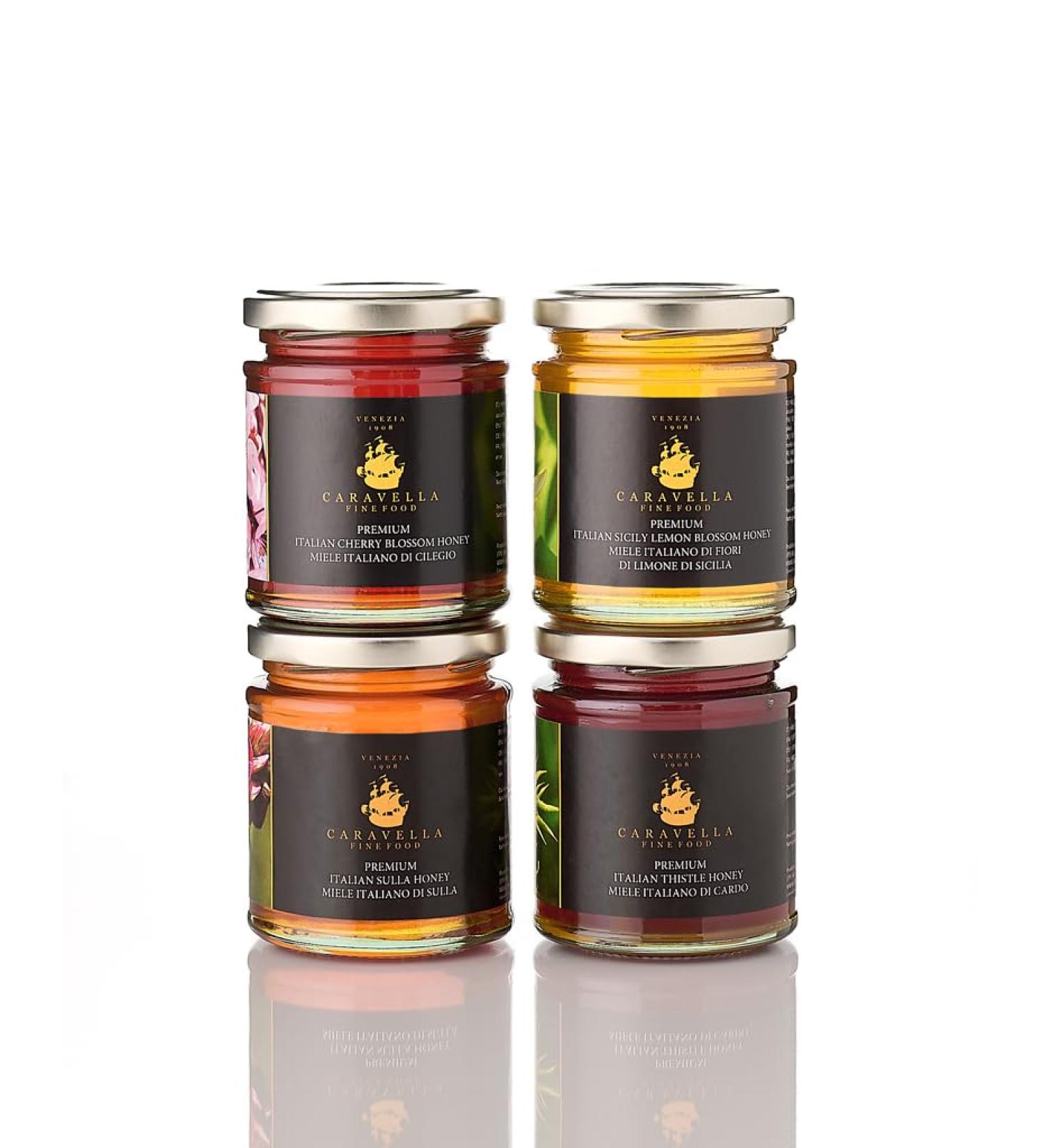 Caravella Fine Food - Tasting box/Gift x 4 - Lemon blossom honey 250g Thistle honey 250g Sulla blossom honey 250g Cherry blossom honey 250g - Italian 100% - Buy Online on GoSupps.com