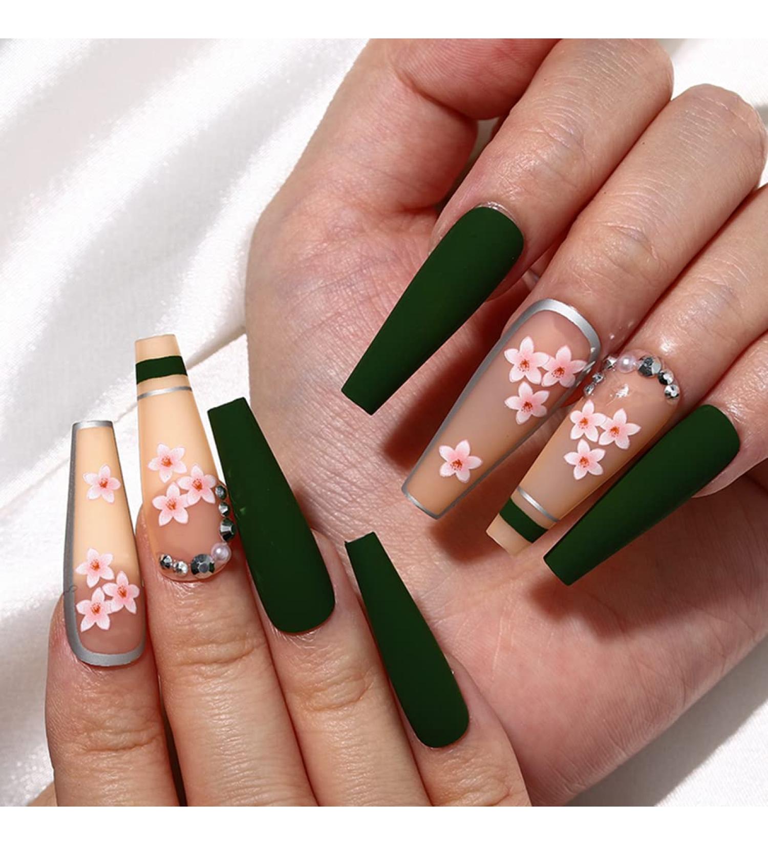 Sethexy Long Coffin Flower False Nails - 24pcs Green Acrylic Press-On Nails for Women & Girls | Spring Matte Art - Buy Online on GoSupps.com