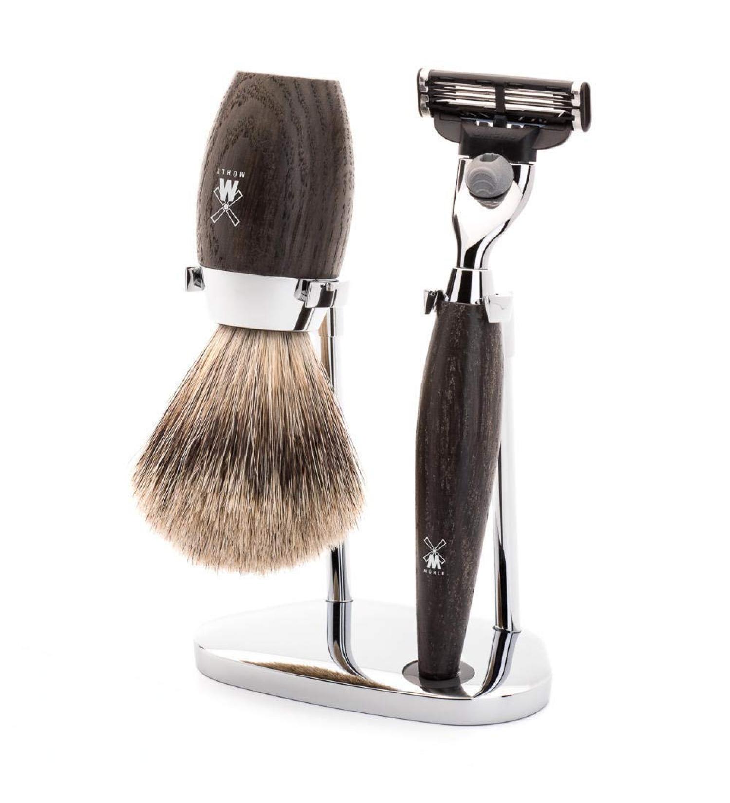 M HLE shaving set - Kosmo series - Fine badger hair - compatible with Gillette blades - bog oak