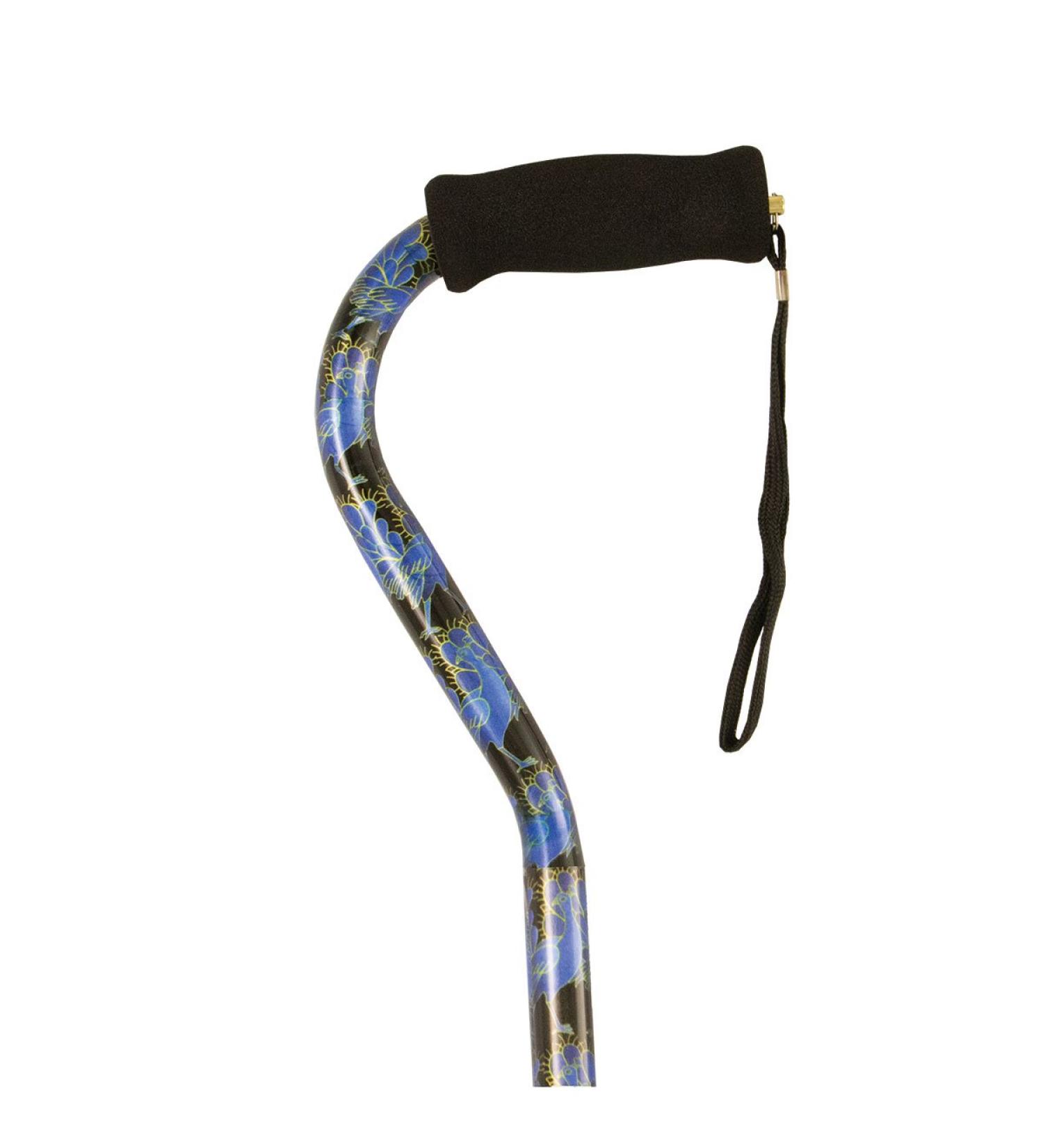 PCP Mobility & Homecare Adjustable Cane Aluminum Offset Handle with Wirst Strap Blue Peacock Pattern