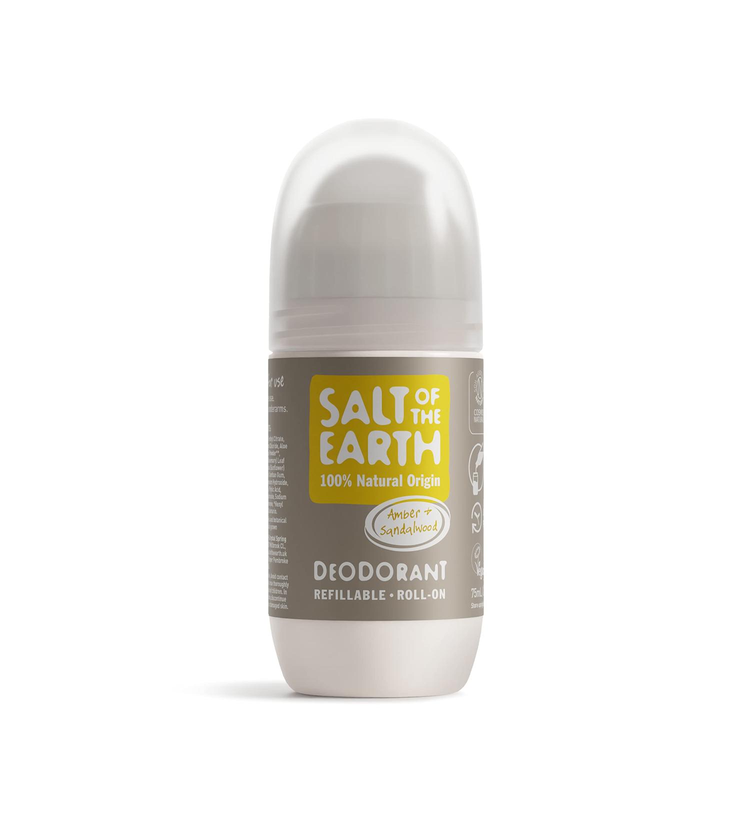 Salt of the Earth Amber & Sandalwood Natural Deodorant Roll On - 100% Natural, Vegan, Cruelty Free - 75ml - Buy Online on GoSupps.com