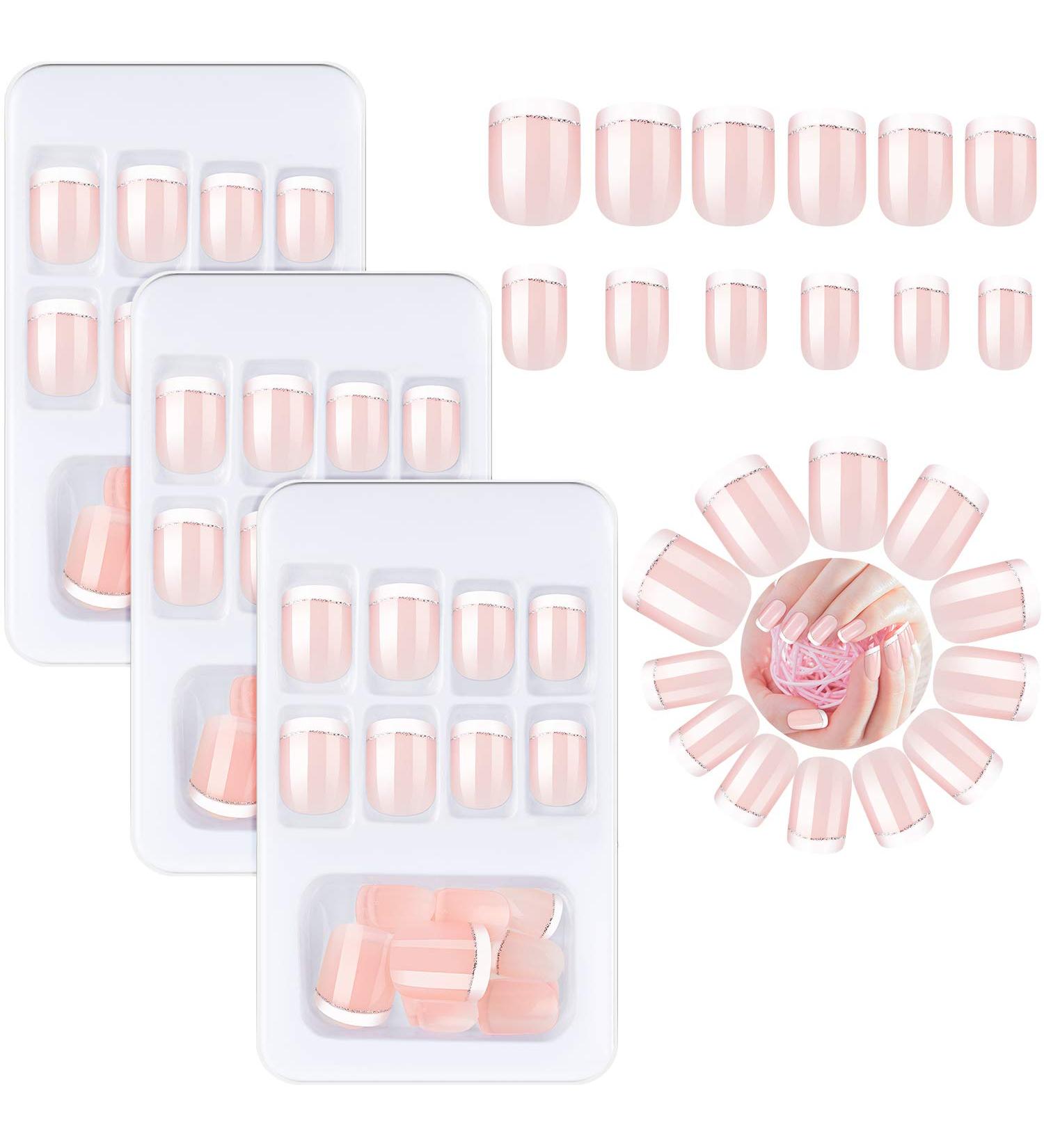 72 Pieces French False Nails Glitter False Fingernails Silver Line Press on Nail Short Medium Fake Acrylic Nail with Nail Files Stick Full Cover for Nail Decoration 3 Boxes (Light Pink) - Buy Online on GoSupps.com