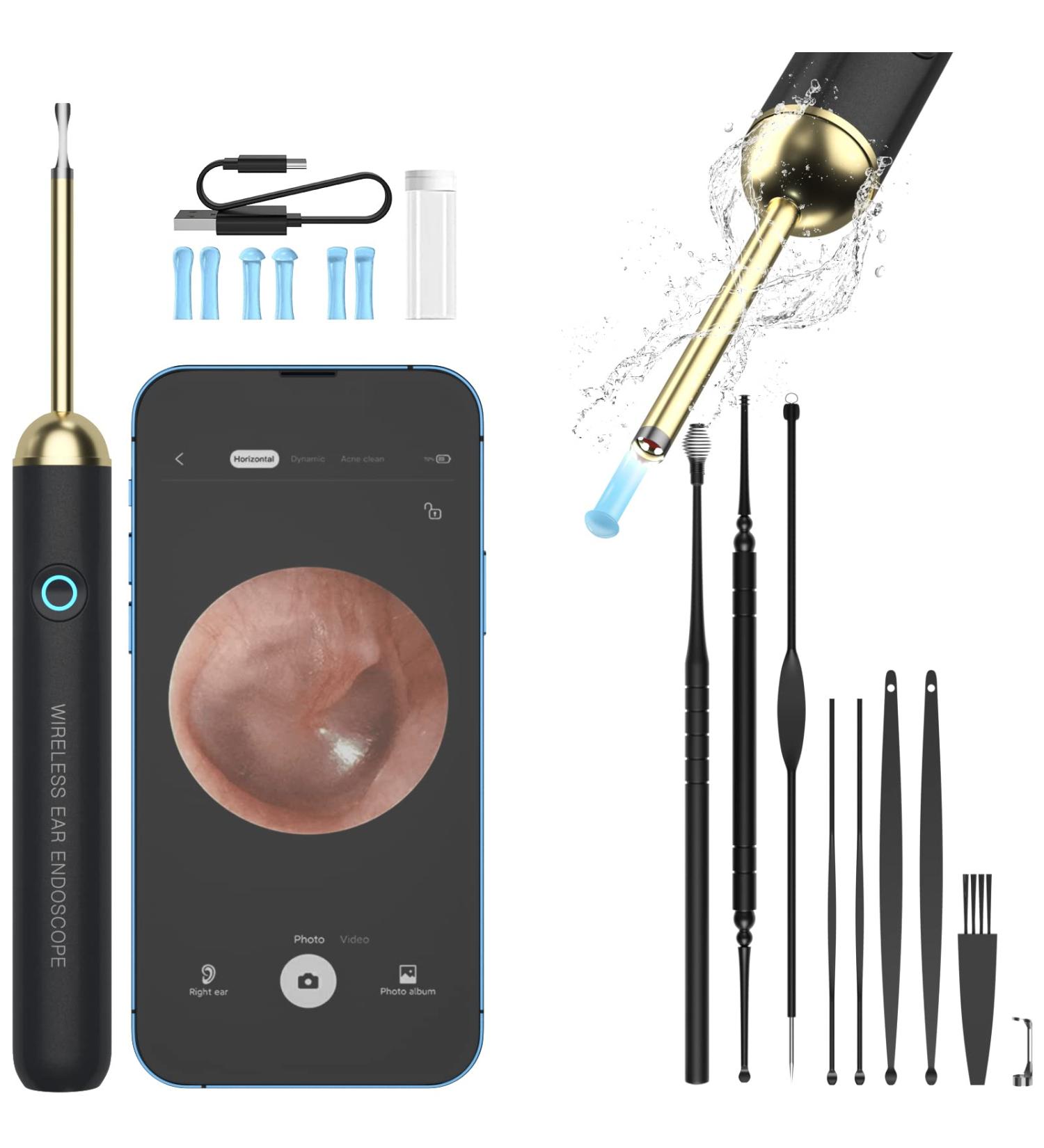 NIUQICT Ear Cleaner 1080P Camera with Lights - Ear Wax Removal Tool Kit 9 Pcs - Wireless Otoscope for Kids, Adults & Pets - Golden Black - Buy Online on GoSupps.com