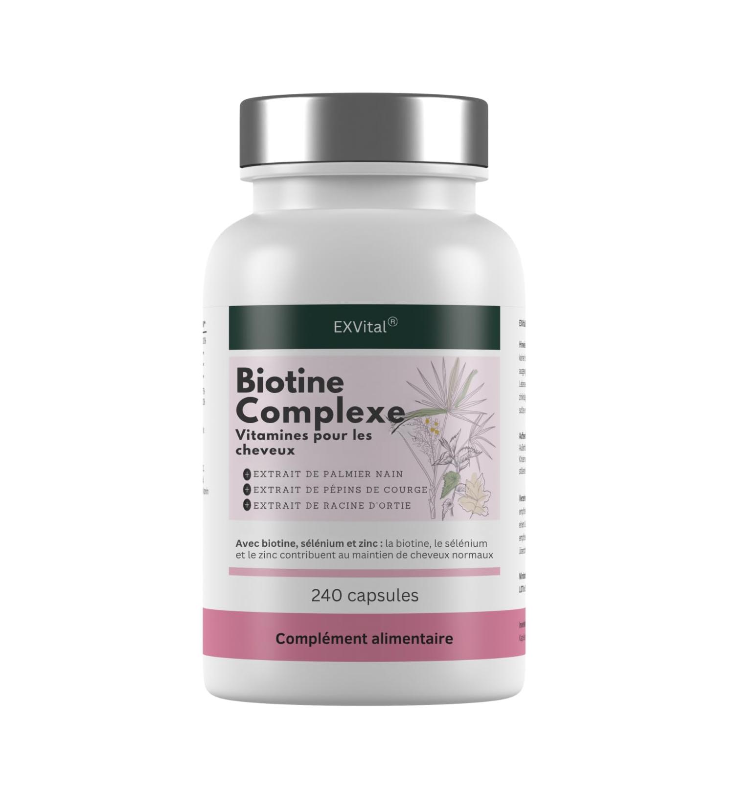 EXVital Biotine Complexe Vitamines pour les cheveux Avec extraits de palmier nain de p pins de courge et de racine d ortie 240 capsules v ganes enrichies en s l nium et zinc test en laboratoire - Buy Online on GoSupps.com