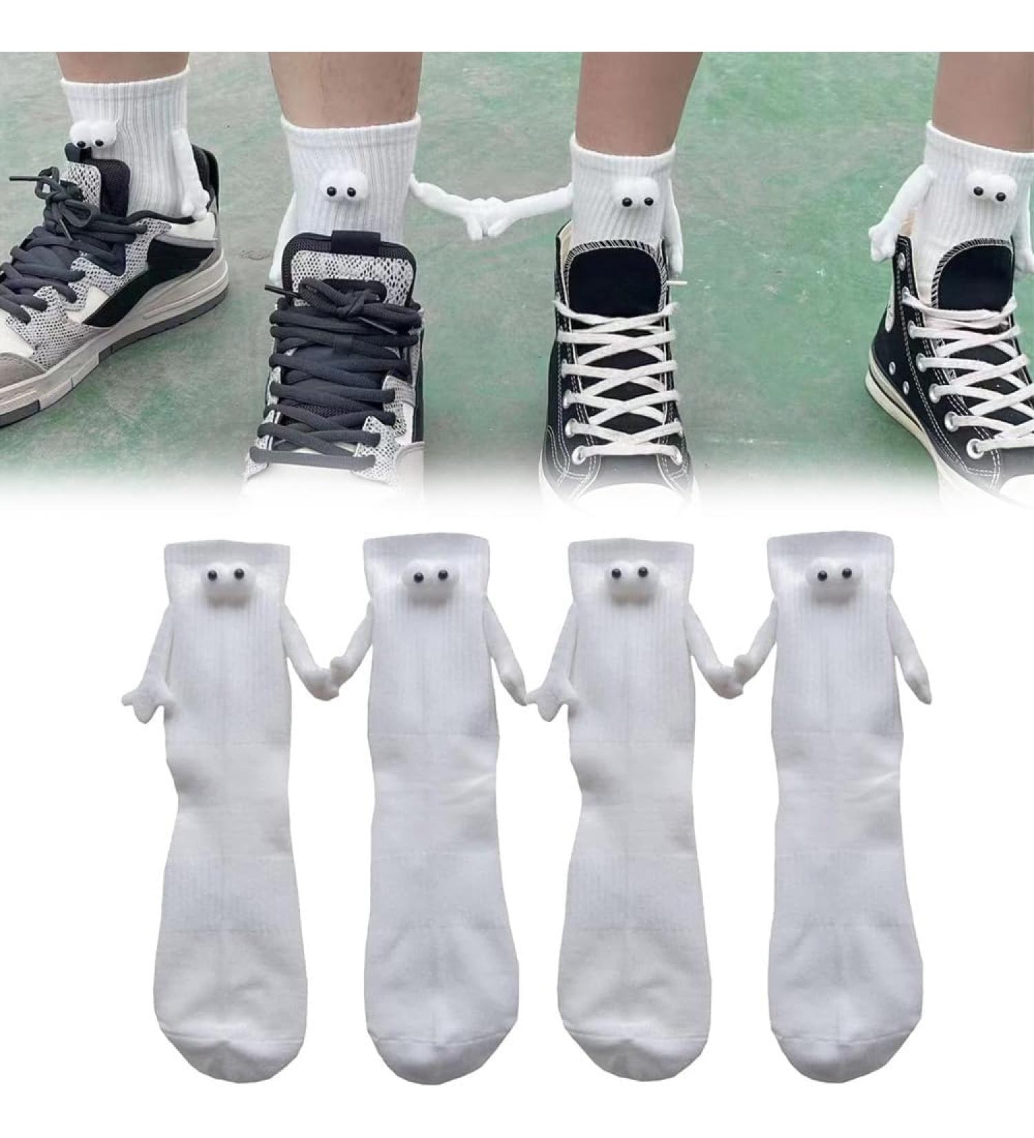 Couple Holding Hands Magnetic 3D Doll Socks - 2 Pair White Mid-Tube Funny Socks - Buy Online on GoSupps.com