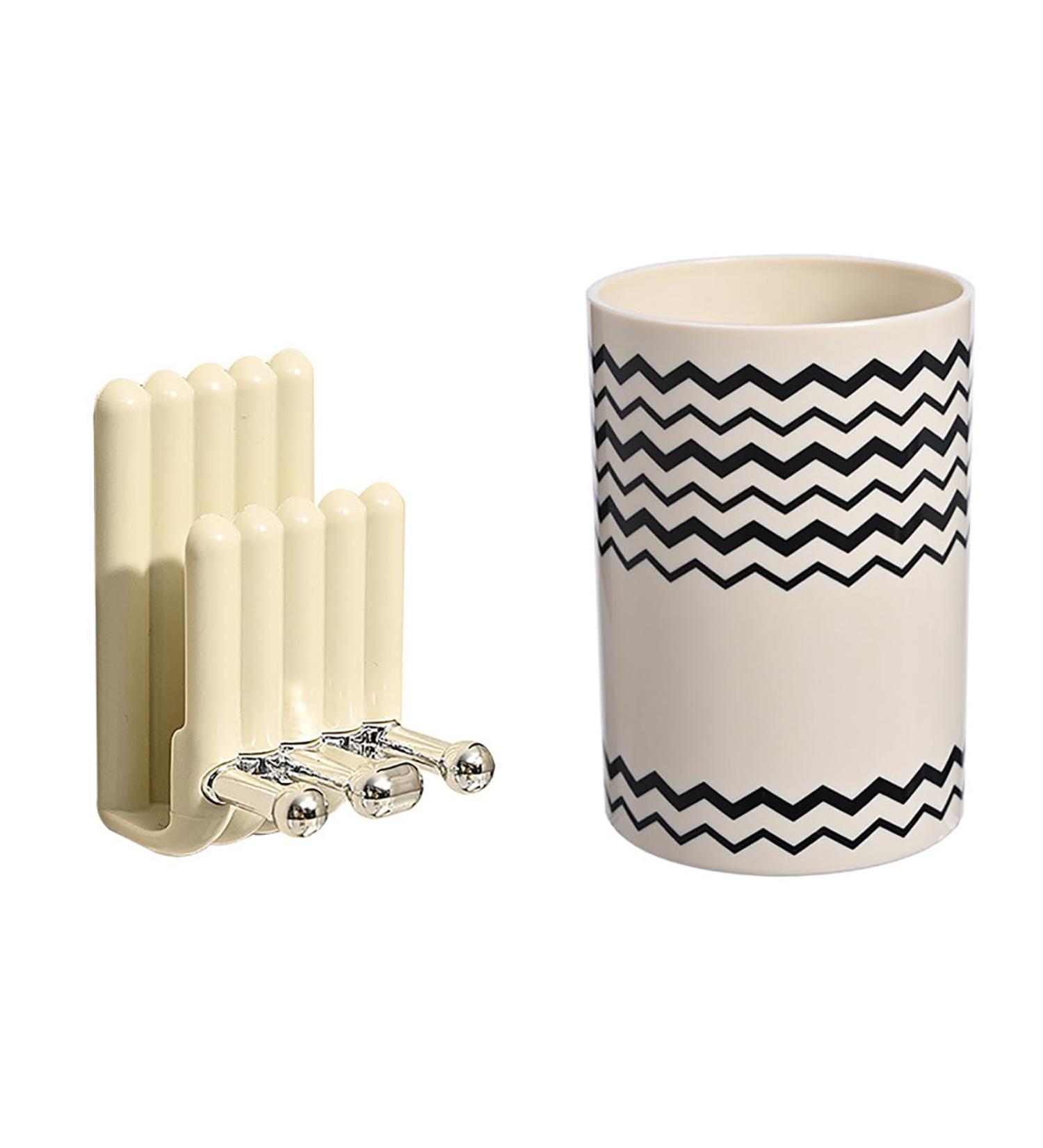 Sumoto Cream Wall Adhesive Toothbrush Holder | Stylish Bathroom Organizer & Cup Storage Stand | Wall Sticker Hanging Brush Bracket | Premium Bathroom Accessories - Buy Online on GoSupps.com