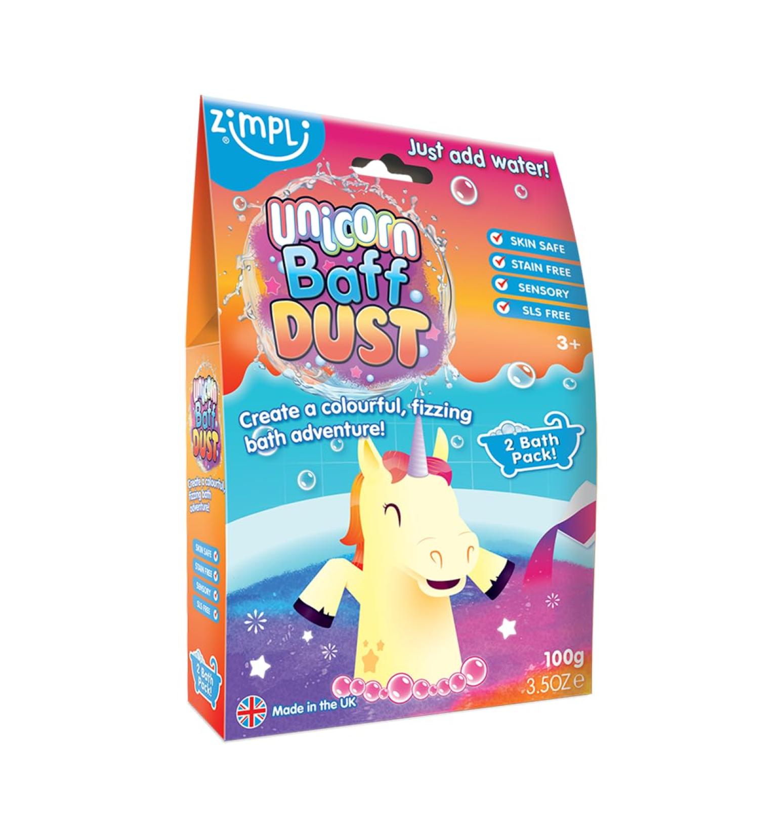Unicorn Baff Dust 2 Bath Pack from Zimpli Kids Magical Bath Bomb Powder Gift for Children Unicorn Toys for Girls Birthday Presents for Children Bath Toys Moisturising & Organic