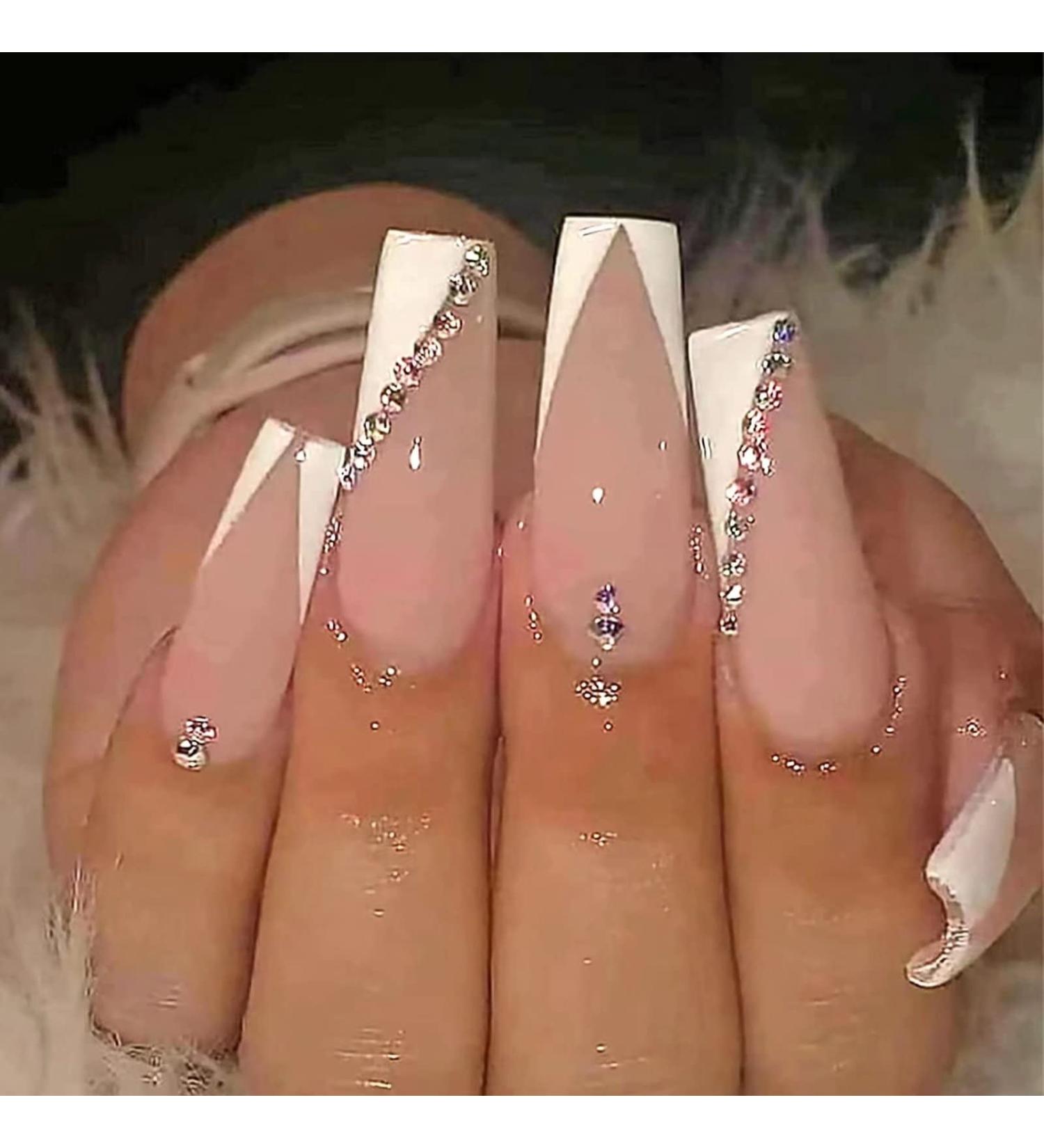 RUNRAYAY Pink & White French Rhinestone Fake Nails Long Press on Nails Art Kit for Women & Girls - Buy Online on GoSupps.com