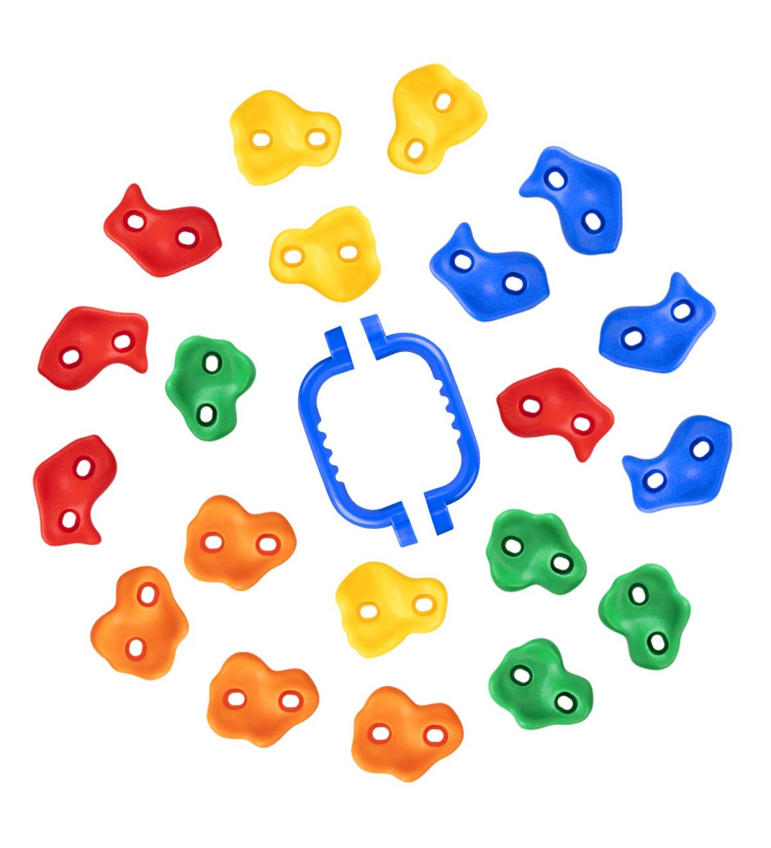 Kids Rock Climbing Holds Set - 20 Holds with 2 Safety Handles | Indoor Outdoor Rock Wall Kit with Mounting Hardware - Buy Online on GoSupps.com