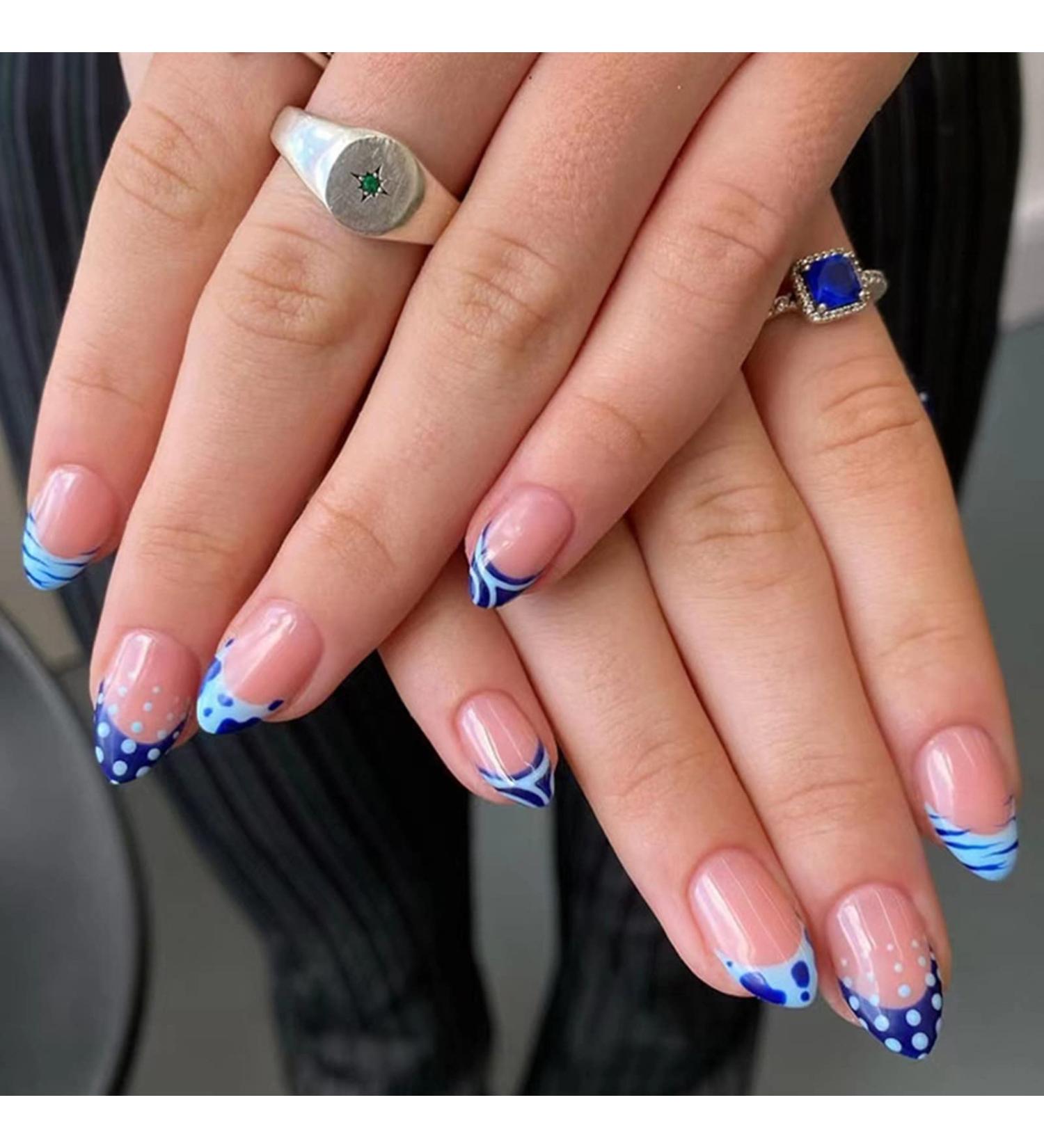 JUSTOTRY 24pcs Almond False Nails Short Blue French Press on Nails with Spot Pattern and Nail Glue - Wavy Oval Stick on Nails for Women - Buy Online on GoSupps.com