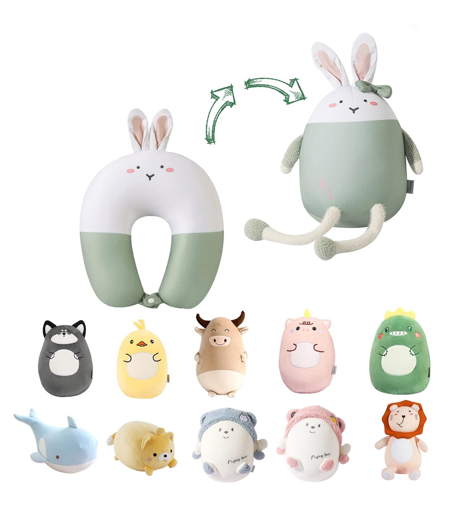 JOYRAVO Kids Travel Pillow - 2-in-1 Deformable Neck Pillow with Cute Plush Green Rabbit Design for Comfortable Sleep and Play on Airplanes and Cars - Buy Online on GoSupps.com