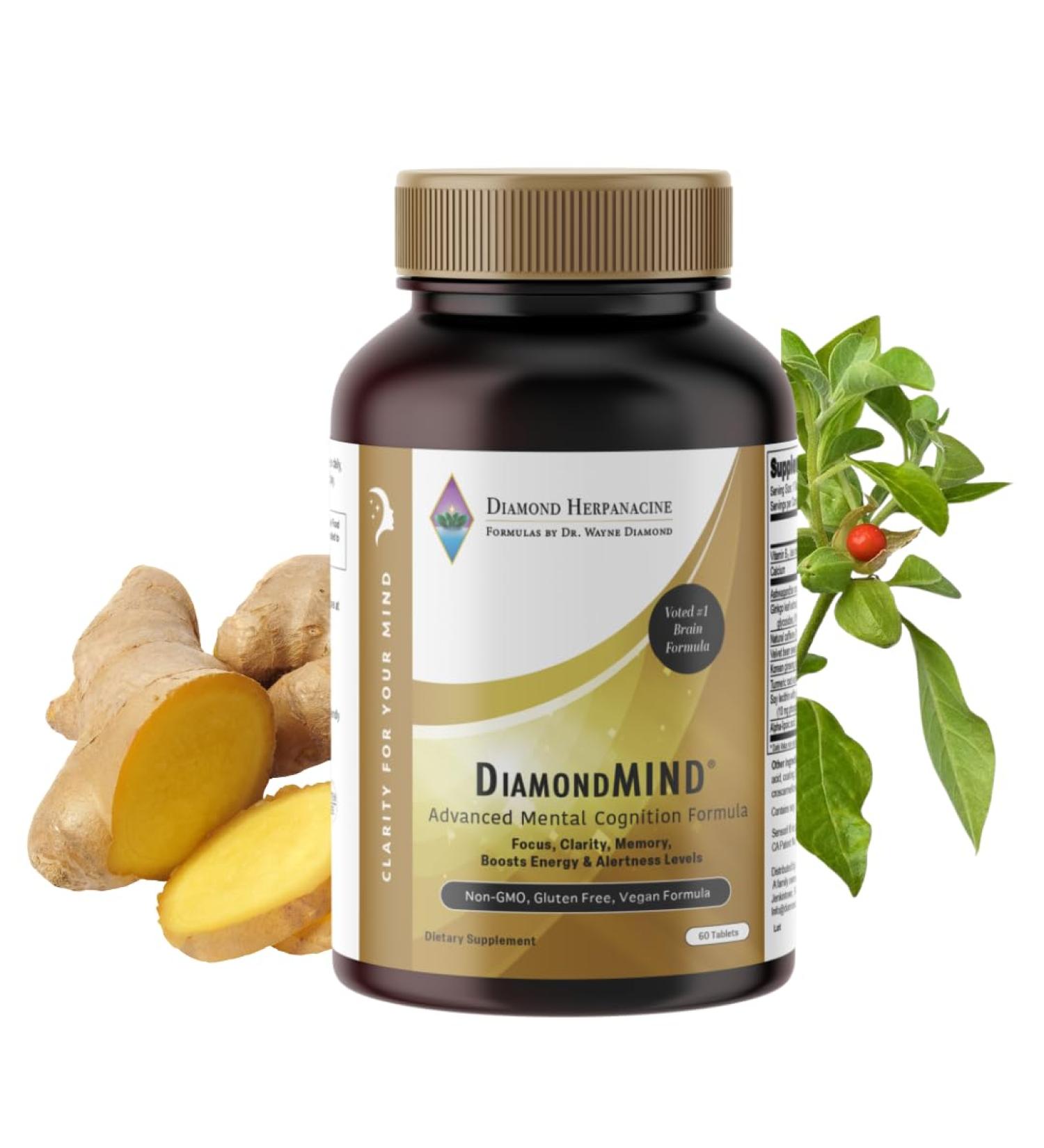 DiamondMIND Brain Support Supplement - Natural Formula for Mental Energy & Cognitive Function - Focus Clarity and Memory Supplement - Less Mental Stress - Vegan Gluten-Free Dairy-Free - (60 Count) 60 Count (Pack of 1) - Buy Online on GoSupps.com