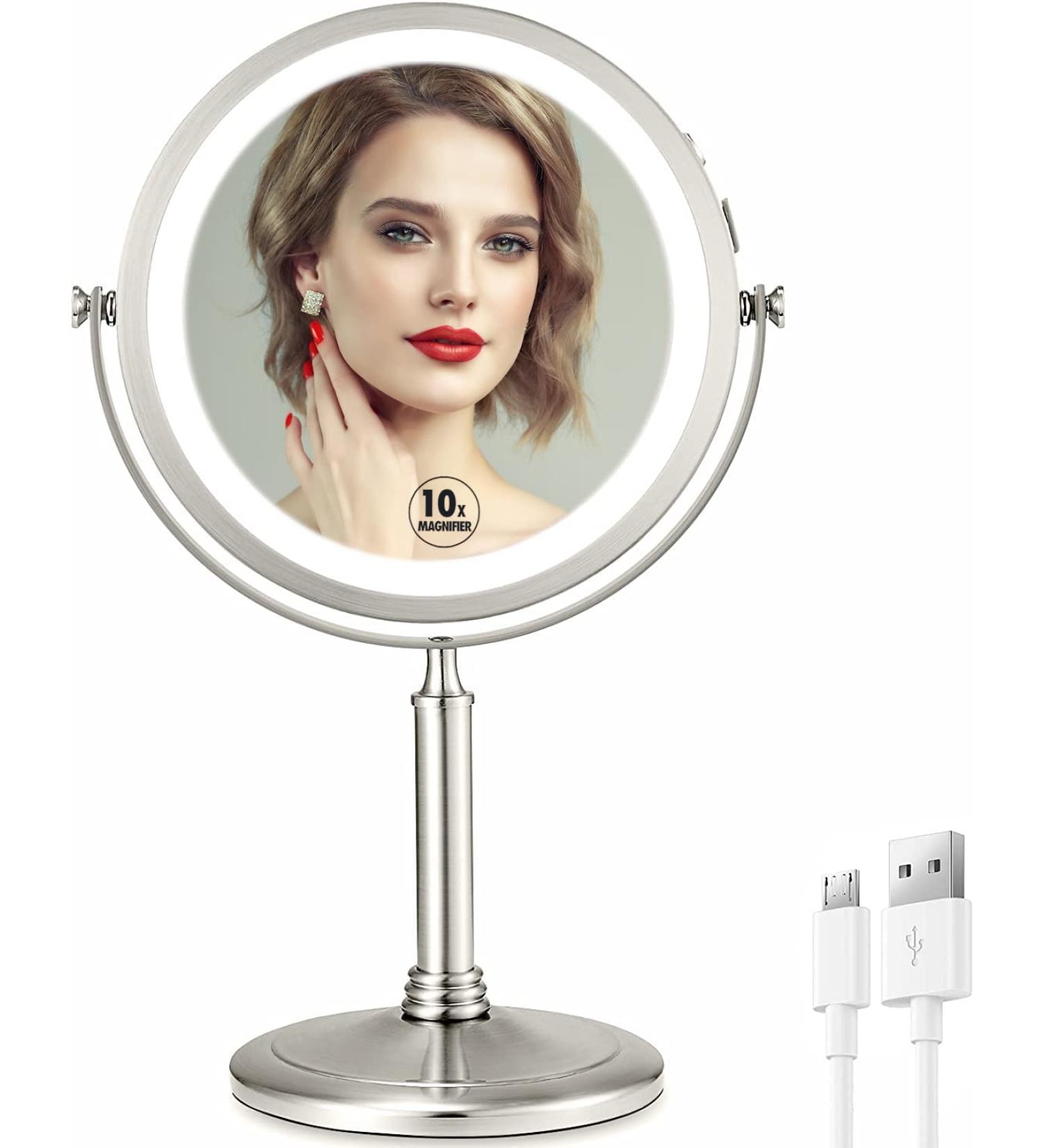 VESAUR 8 Rechargeable Lighted Makeup Mirror with 10X Magnifying Vanity, 3 Colors, 50 Dimmable LED Lights - Touch Control, Senior Pearl Nickel - 360 Rotation - Silver - Buy Online on GoSupps.com