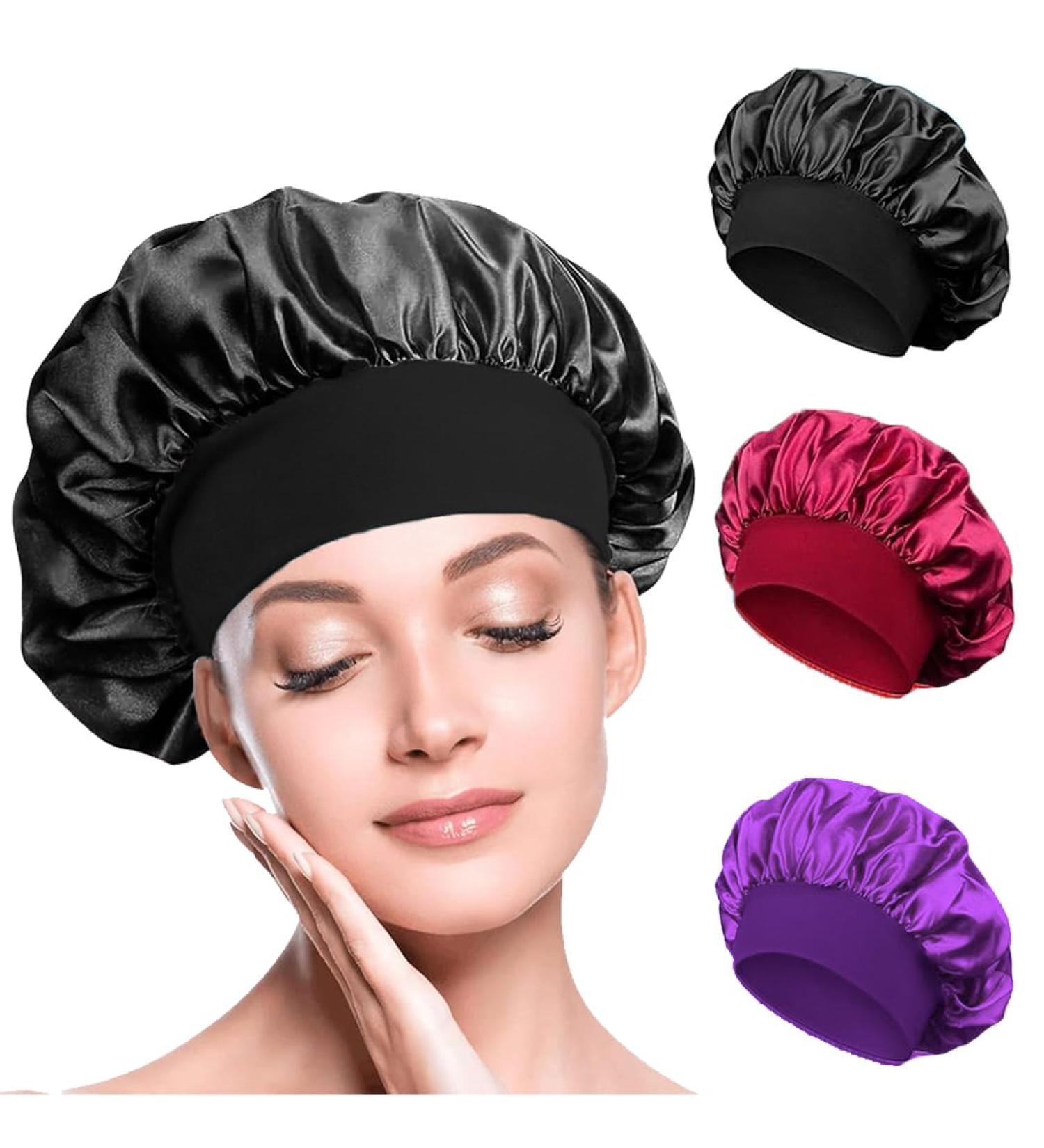 BIZBUY 3 Pack Satin Bonnet Hair Bonnet for Sleeping Night Hair Sleeping Caps with Wide Elastic Band Silk Bonnet is Suitable for Long Straight and Curly Hair. Black+Red+Purple - Buy Online on GoSupps.com