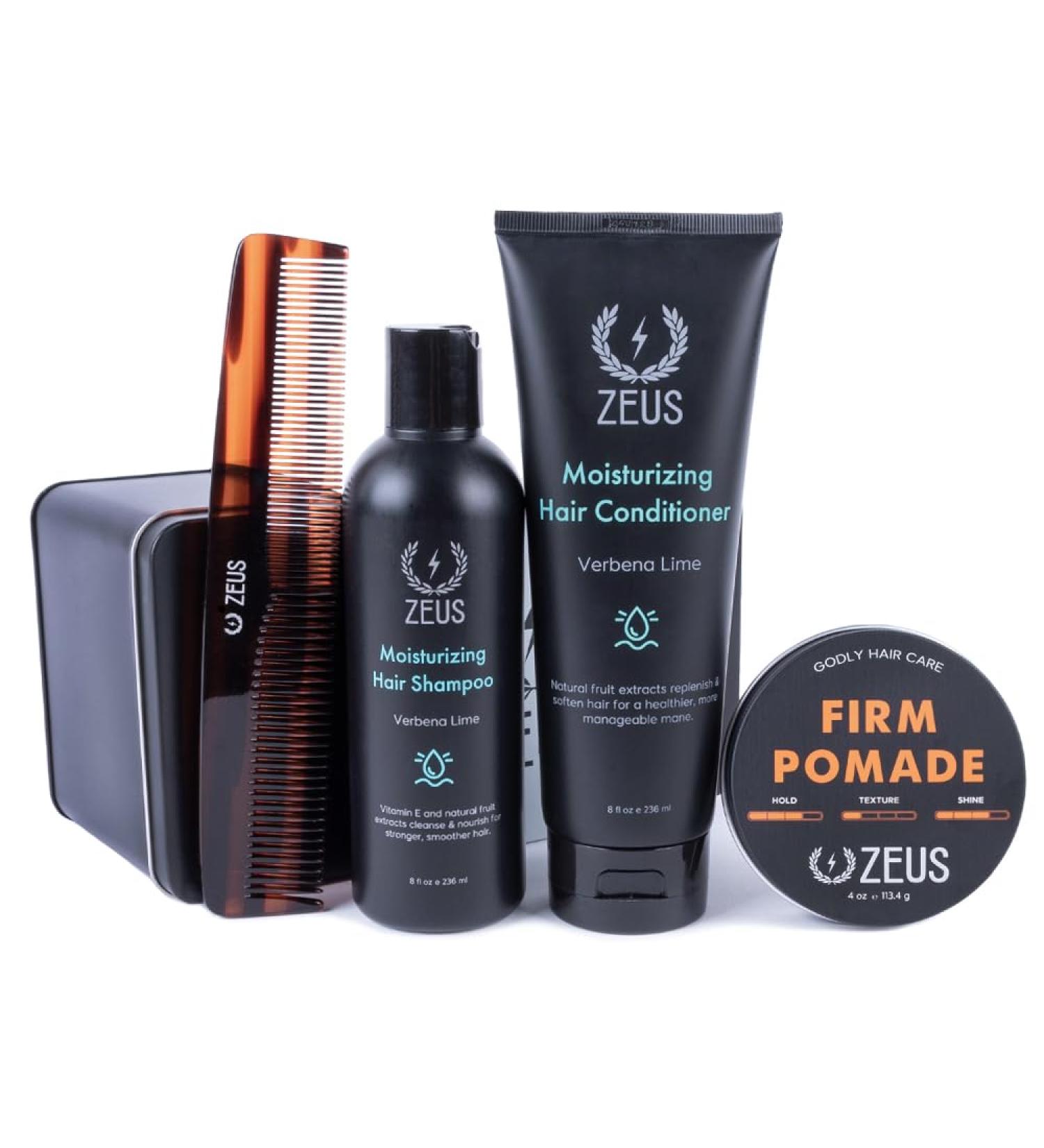 ZEUS Hair Wash & Style Set | Moisturizing Shampoo Hydrating Conditioner Hair Comb & Firm Hold Pomade for Men - International Shipping Available - Buy Online on GoSupps.com