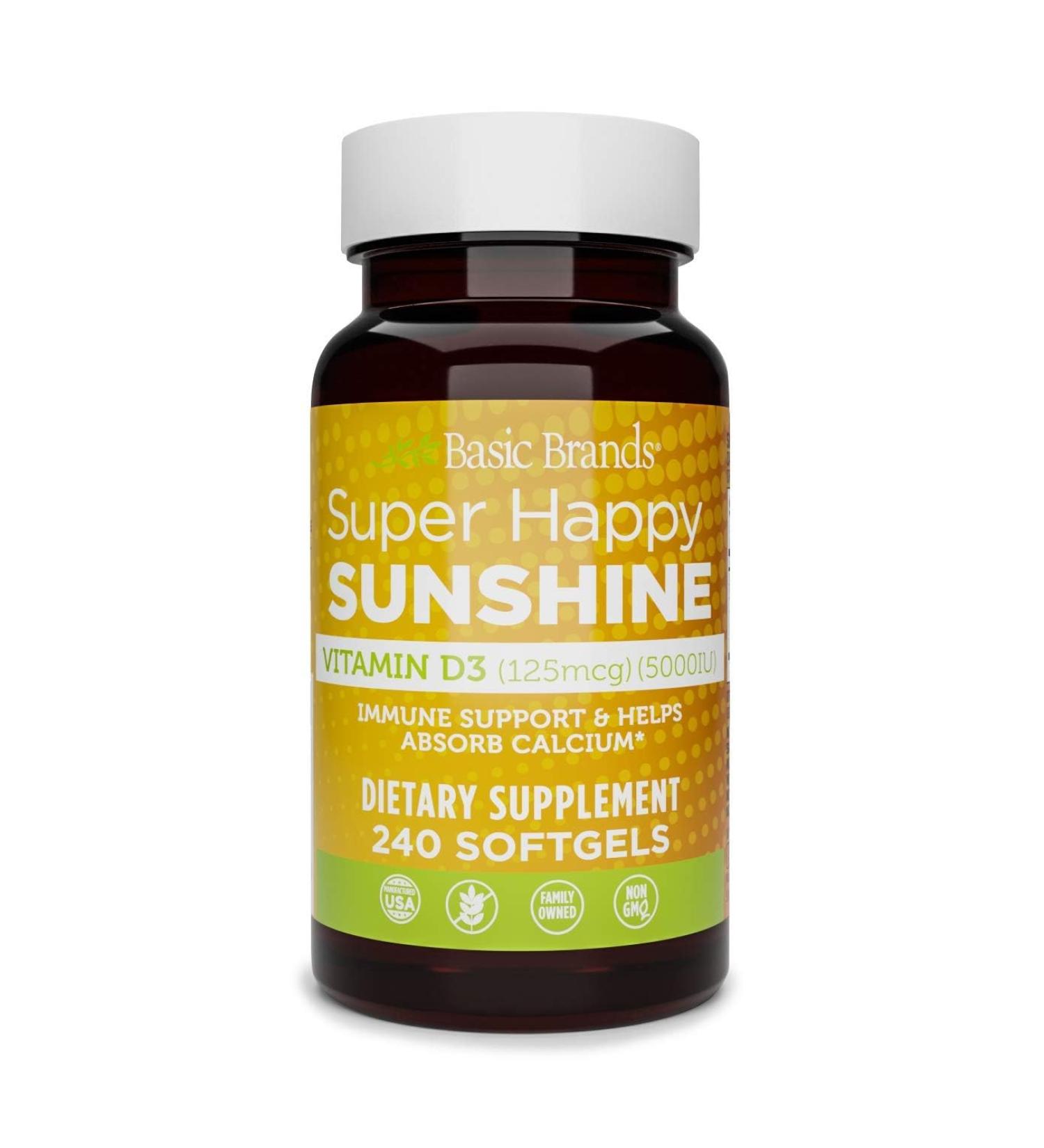 Basic Brands Super Happy Sunshine Vitamin D3 5000IU 240-count (Pack of 1) 240 Count (Pack of 1) - Buy Online on GoSupps.com