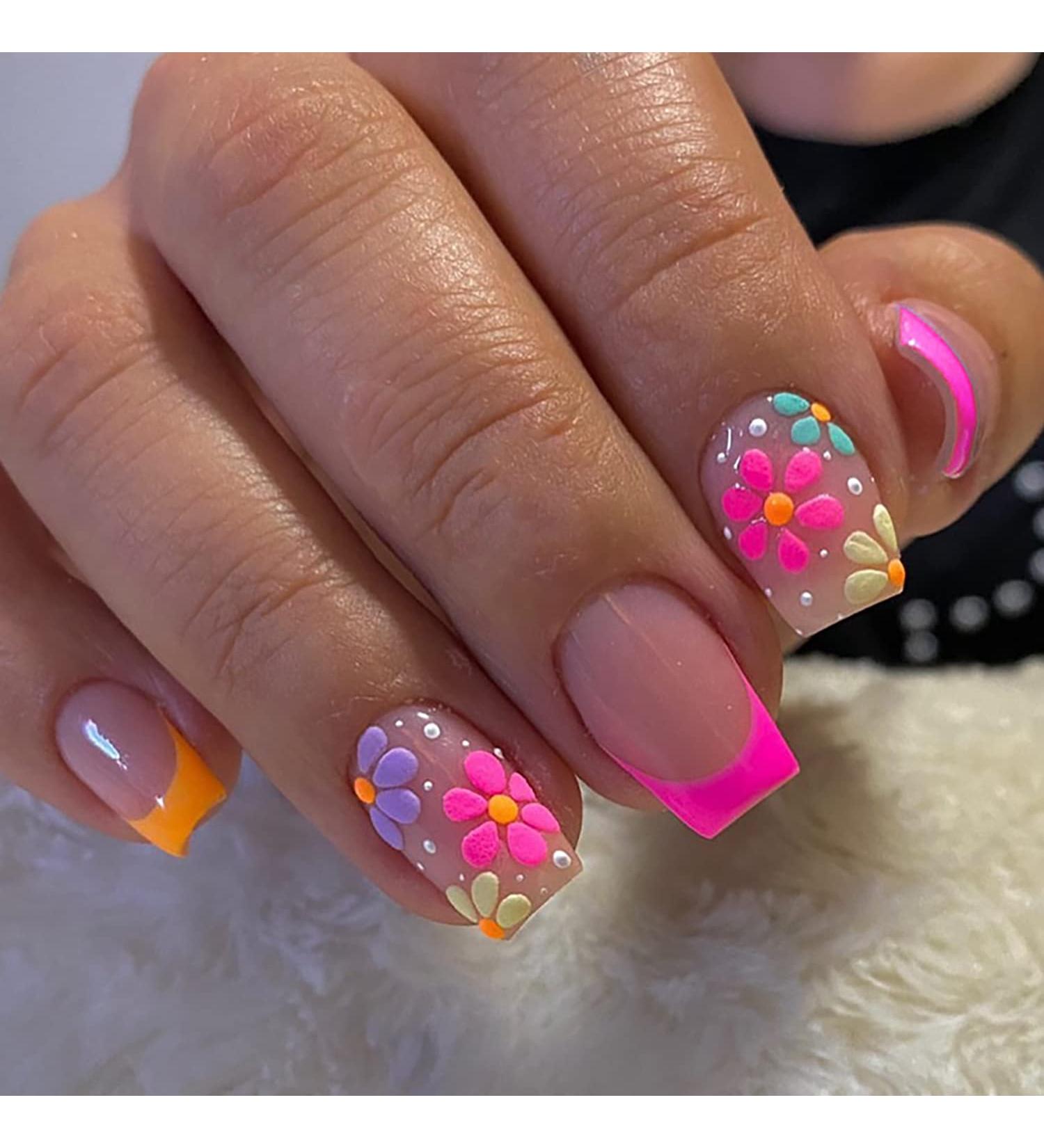 Short Square Nude Pink Flower Design Press on Nails - Full Cover Acrylic False Nails for Women and Girls - Buy Online on GoSupps.com