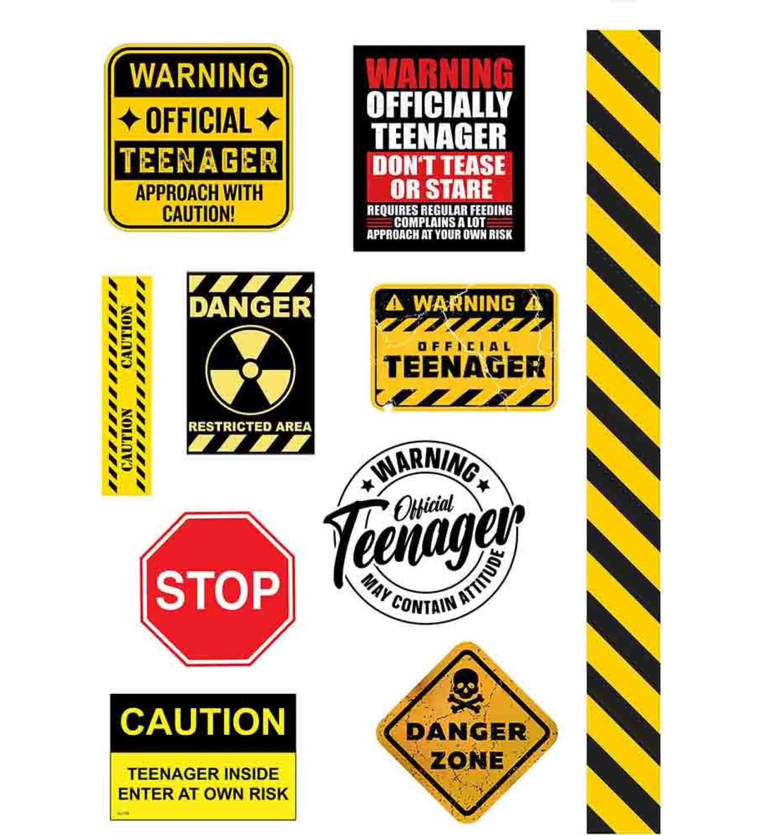 Warning Teenager edible icing cake topper A4 sheet. 2.5" logo's 1" W tape
