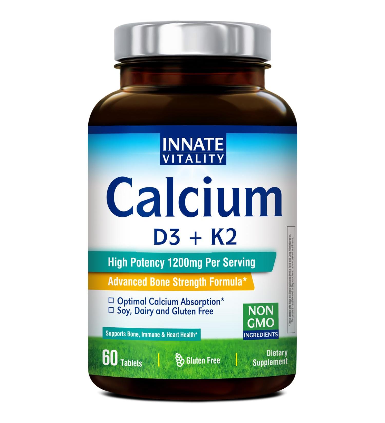 Innate Vitality Calcium Supplement, 1200 mg High Potency with 5000 IU Vitamin D3 & K2 MK7, Enhanced Absorption, for Bone Density, Strength & Immunity, Non-GMO, Easy to Swallow, 60 Tablets - Buy Online on GoSupps.com