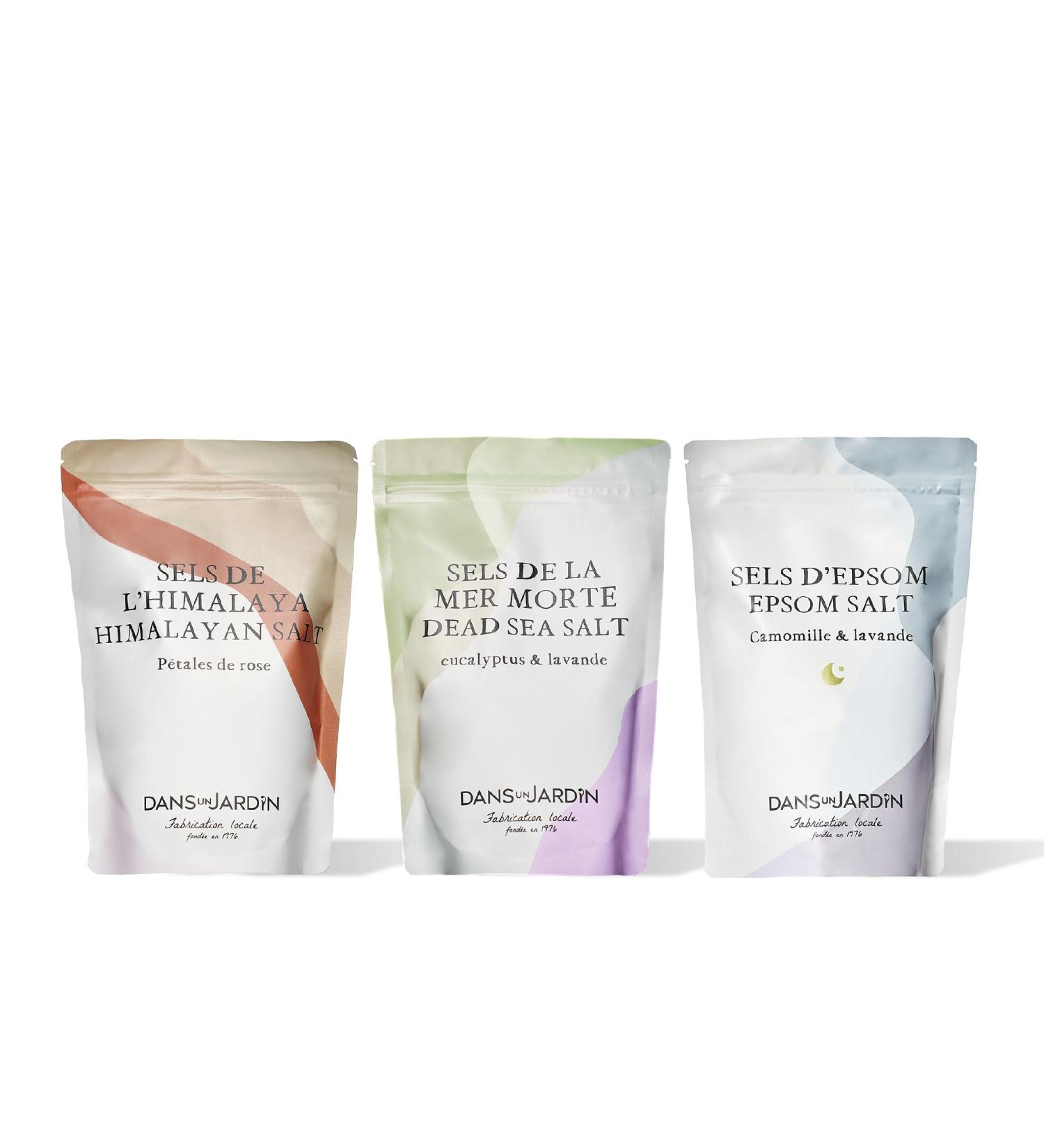 DANS UN JARDIN Trio Bath Salts - Made in Canada - Lavender Eucalyptus and Chamomile - K lm Rose Petals & Good Night - Relaxing Detoxifying and Regenerating - Vegan - Skin-Friendly Gift - 3x400gr - Buy Online on GoSupps.com