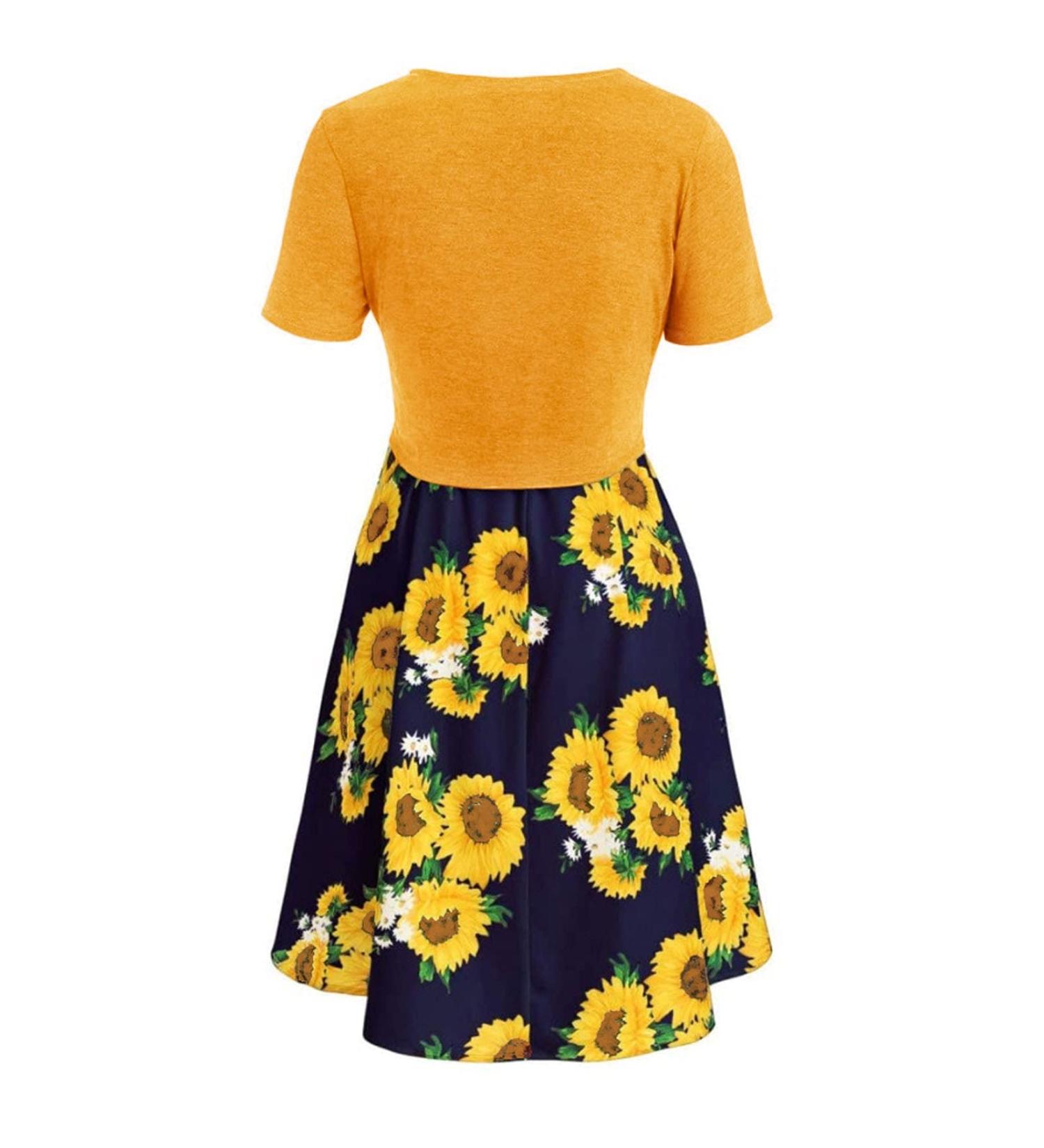 Women's Yellow Floral V-Neck Summer Dress | Short Sleeve A-Line Swing Dress - Buy Online on GoSupps.com