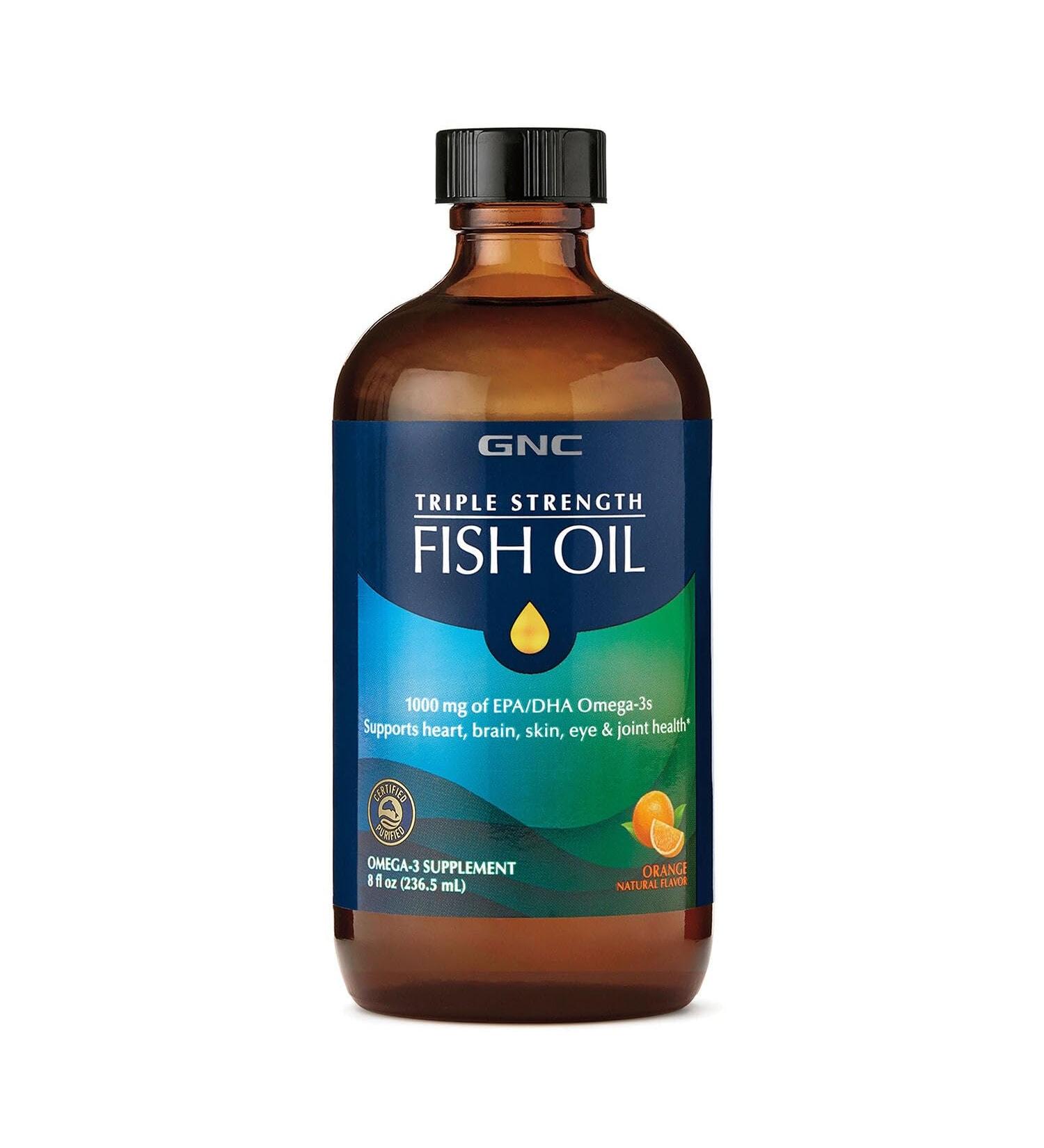 GNC Triple Strength Fish Oil Liquid Supplement Wild Deep Ocean Caught. with 1000mg EPA DHA Omega 3s for Heart Brain Skin Eye Joint Health Natural Orange Flavor 8 Fl Oz 47 Servings - Buy Online on GoSupps.com