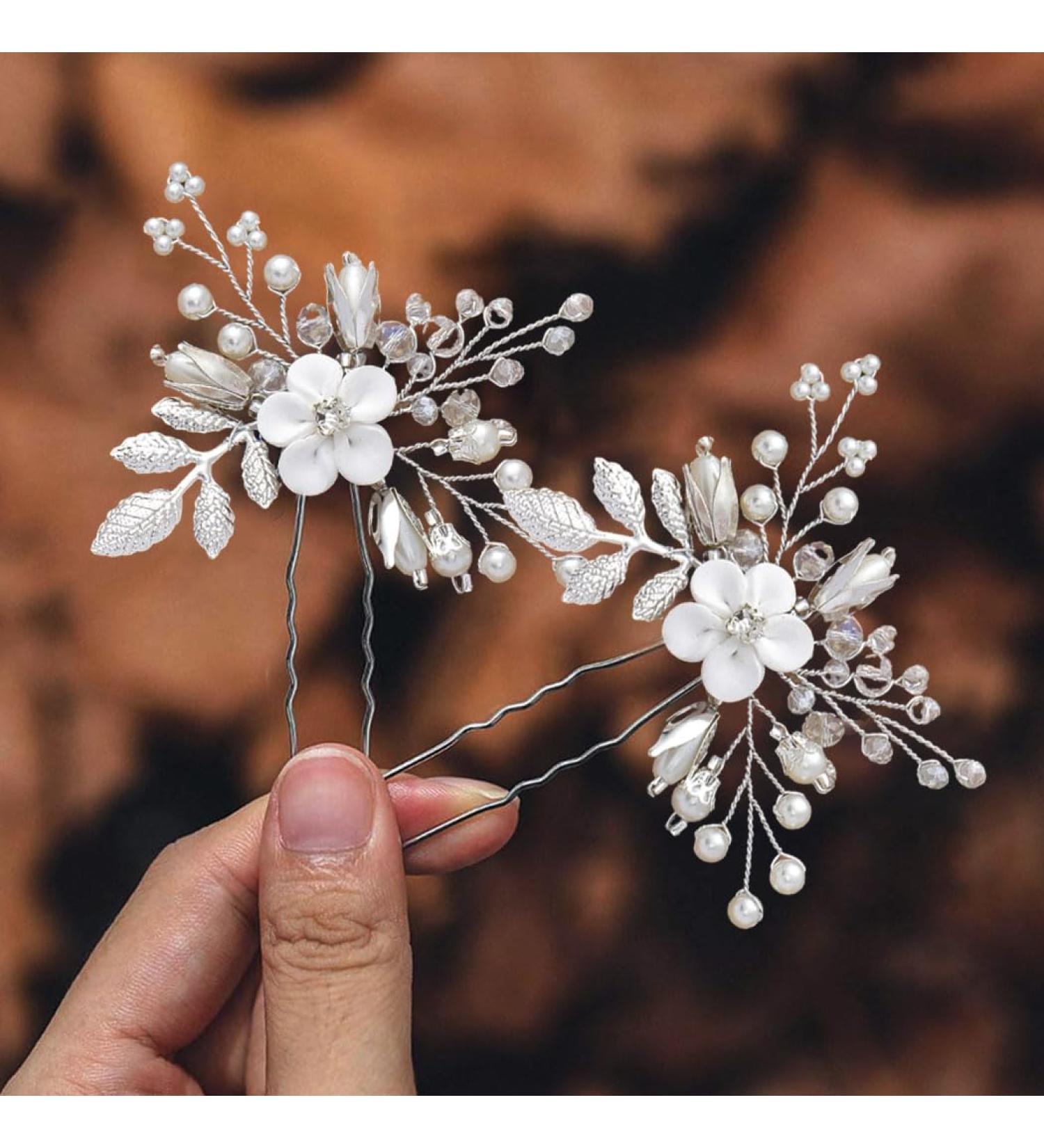 Vakkery Silver Flower Bridal Hairpins | Pearl Wedding Hair Clips & Accessories for Women & Girls - 2 Pieces - Buy Online on GoSupps.com