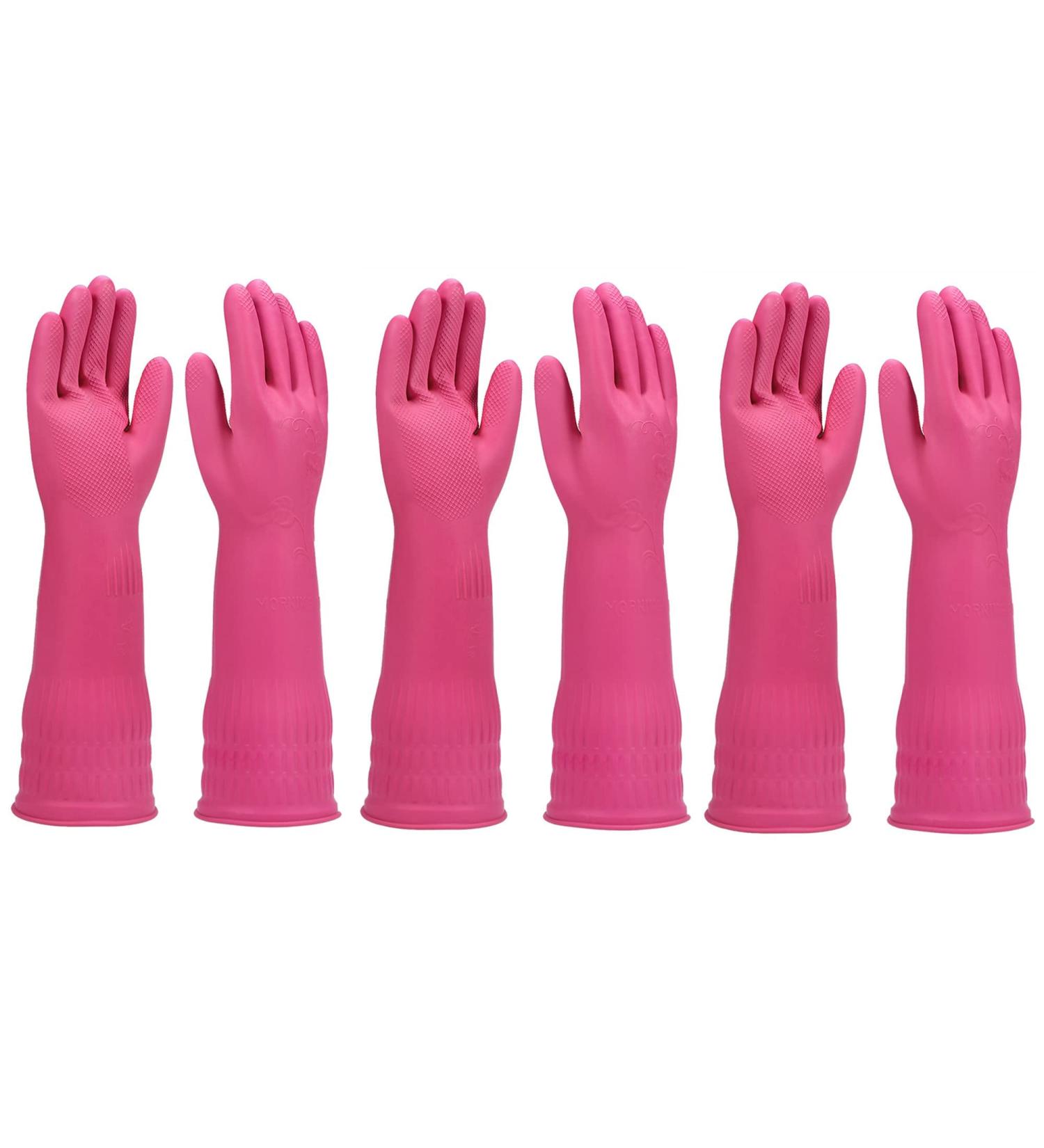 Wekiwgot 3 Pairs Long Rubber Gloves for Kitchen - Reusable Waterproof Non-Slip Handle Ideal for Household Cleaning - Pink - Buy Online on GoSupps.com