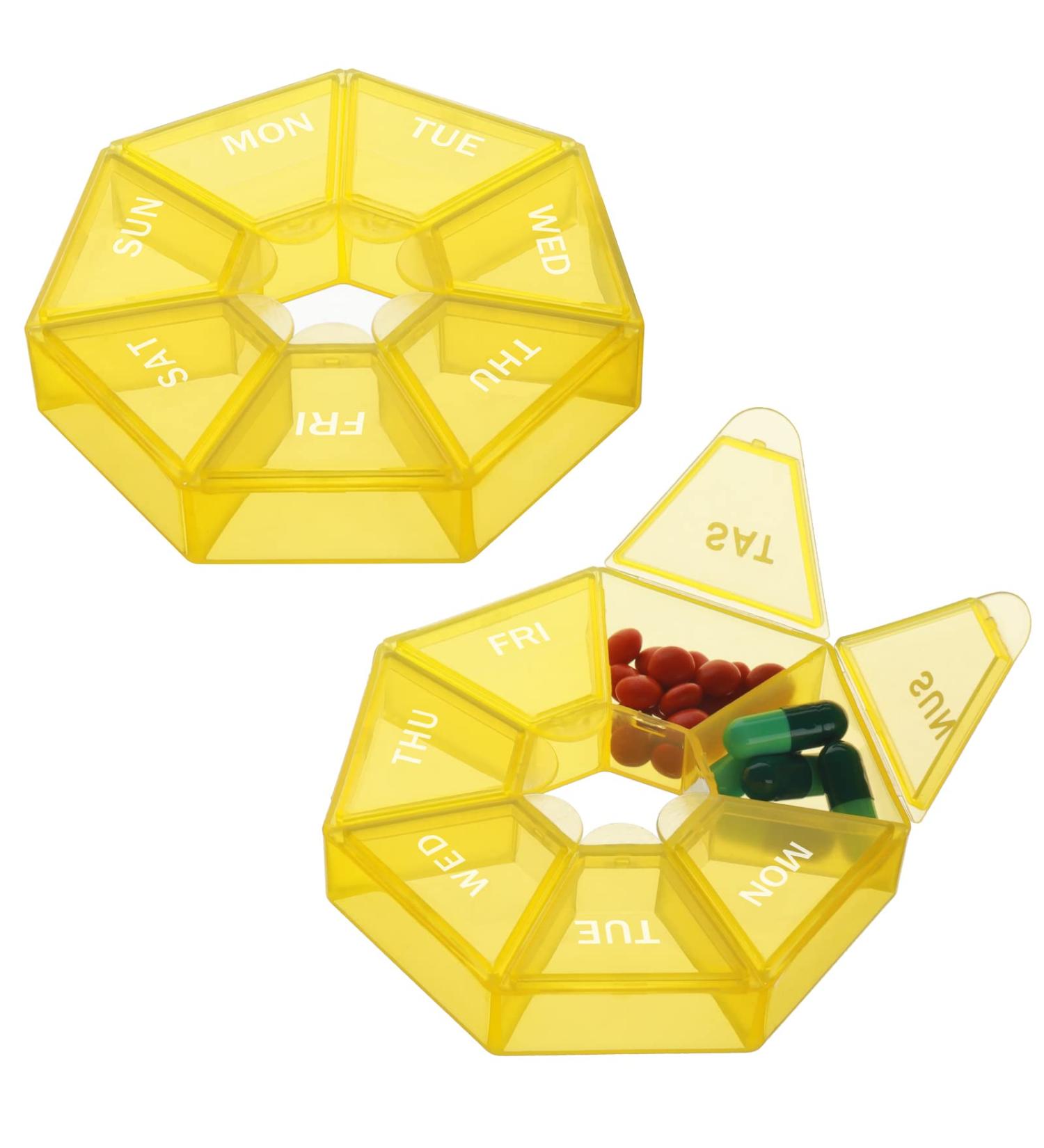 2 Pack Portable Travel Pill Box - Weekly Organizer for Vitamins & Supplements (Yellow/Blue) - Ideal for Travel - Buy Online on GoSupps.com