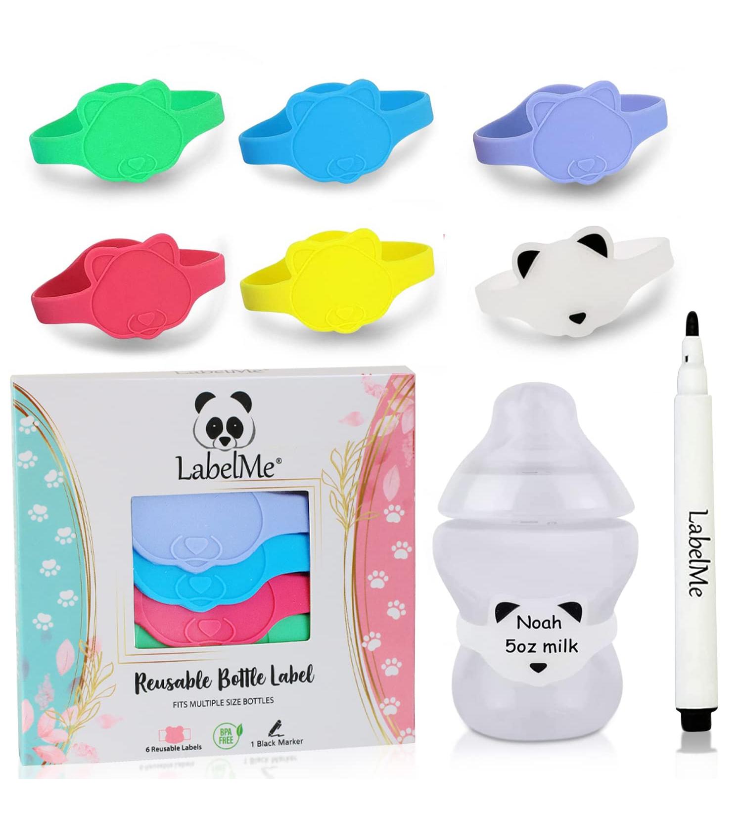 6 Panda-Shaped Reusable Silicone Baby Bottle Labels for Daycare | Includes Waterproof Marker | Fits Most Bottles and Sippy Cups - Buy Online on GoSupps.com