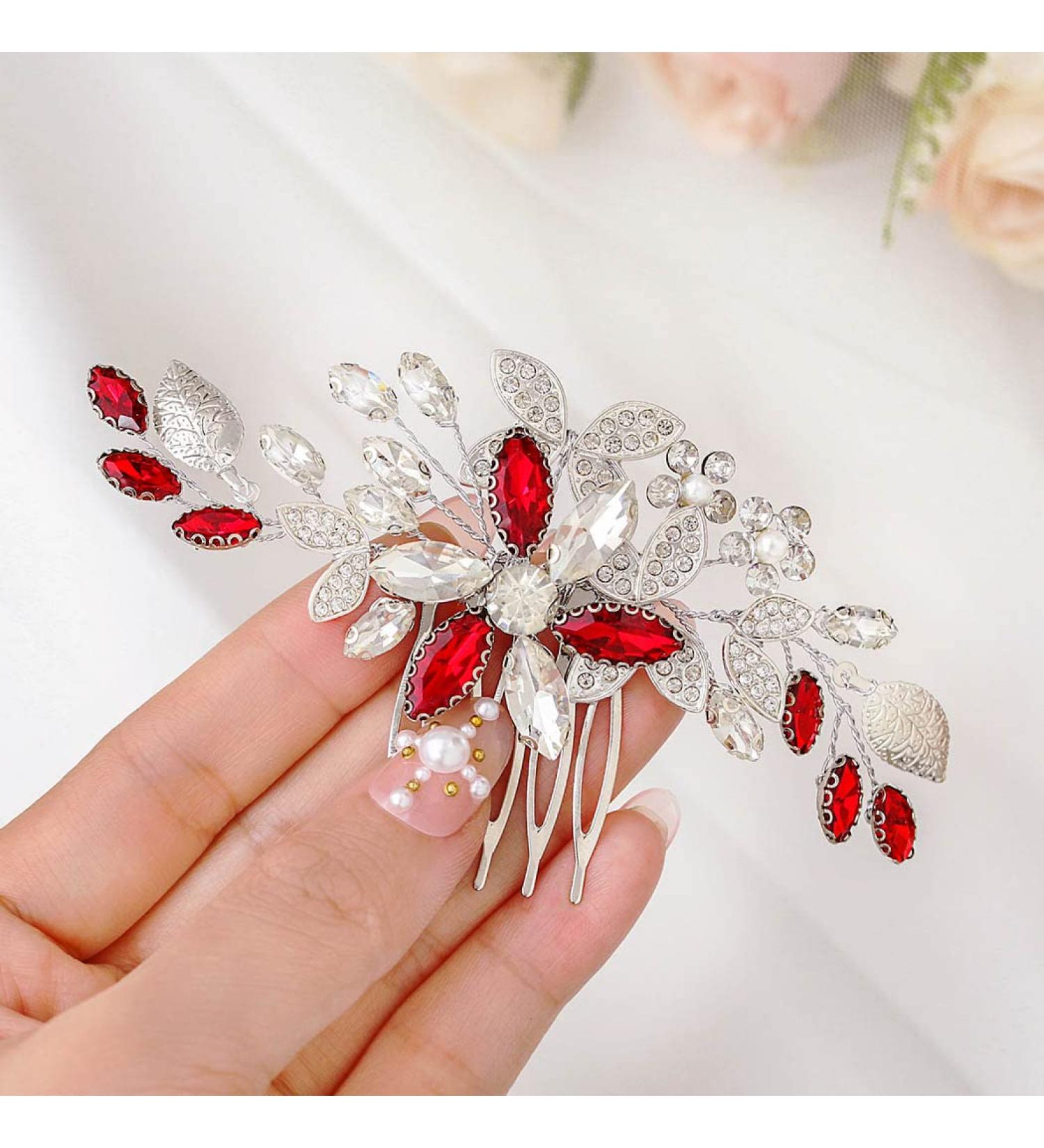 IYOU Red Crystal Bridal Hair Comb - Wedding Hair Accessories for Women | Flower Headpiece for Party, Prom, Bride, Bridesmaid - Buy Online on GoSupps.com