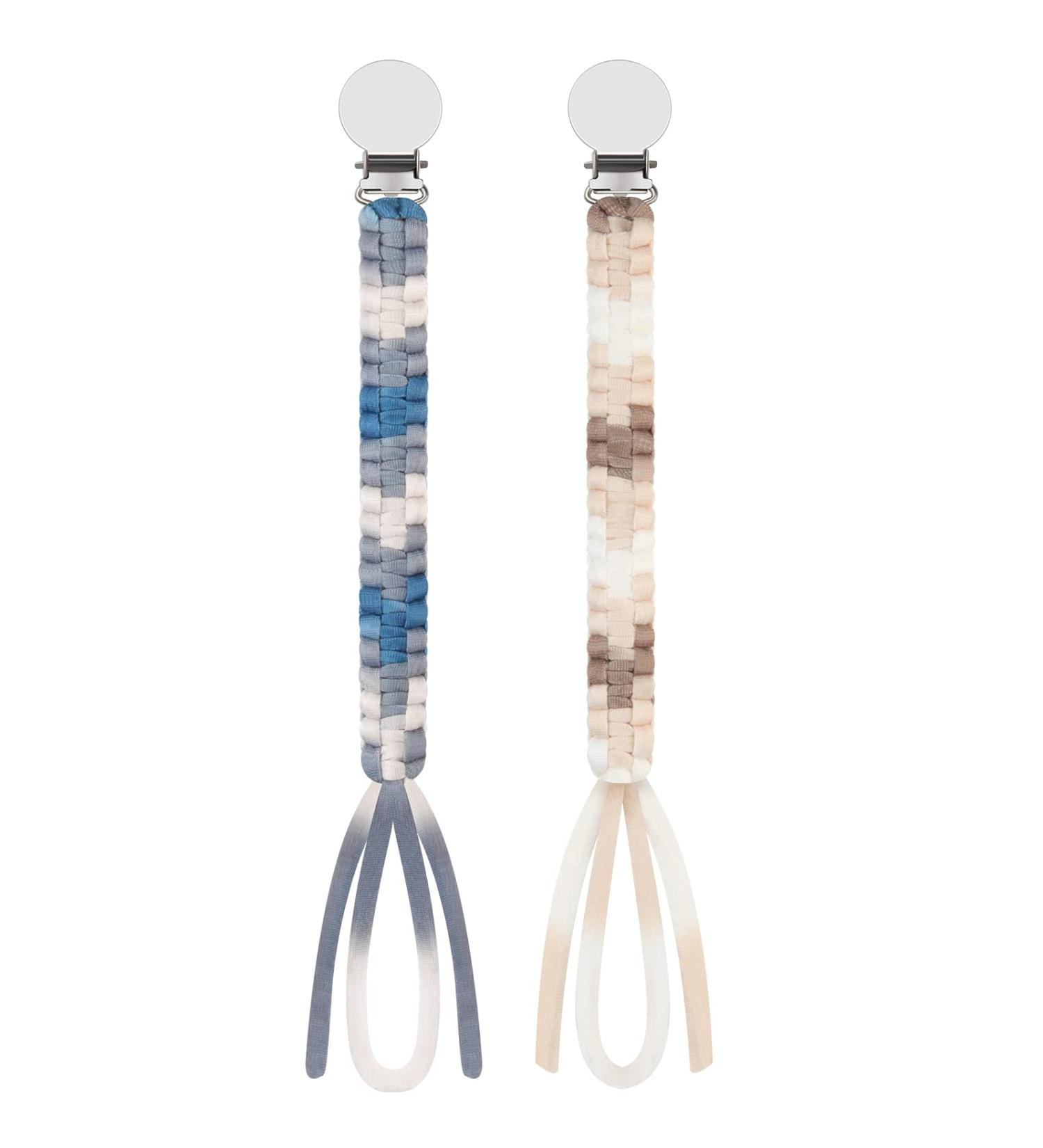 Yolnkos Pacifier Chain Set for Girls - Braided Dummy Clips & Fabric Holders (Coffee & Blue-Gray) - 2 Pieces - Perfect Baby Shower Gift - Buy Online on GoSupps.com