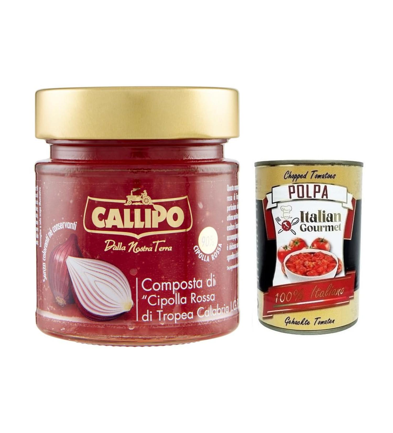  Italian Gourmet E.R. Callipo Compote Di Cipolla Rossa di Tropea Calabria PGI Red Onion Compote from Tropea Calabria 300 g Glass + Italian Gourmet Tomato Pulp Box 400 g - Buy Online on GoSupps.com