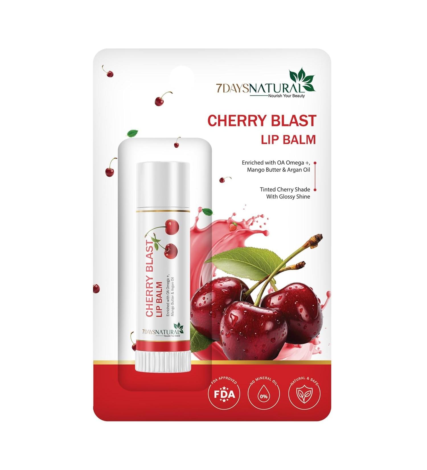 7Days Natural Cherry Blast Lip Balm | Tinted Cherry Shade with Glossy Shine | Enriched with Omega+ | Mango Butter & Argan Oil - Buy Online on GoSupps.com