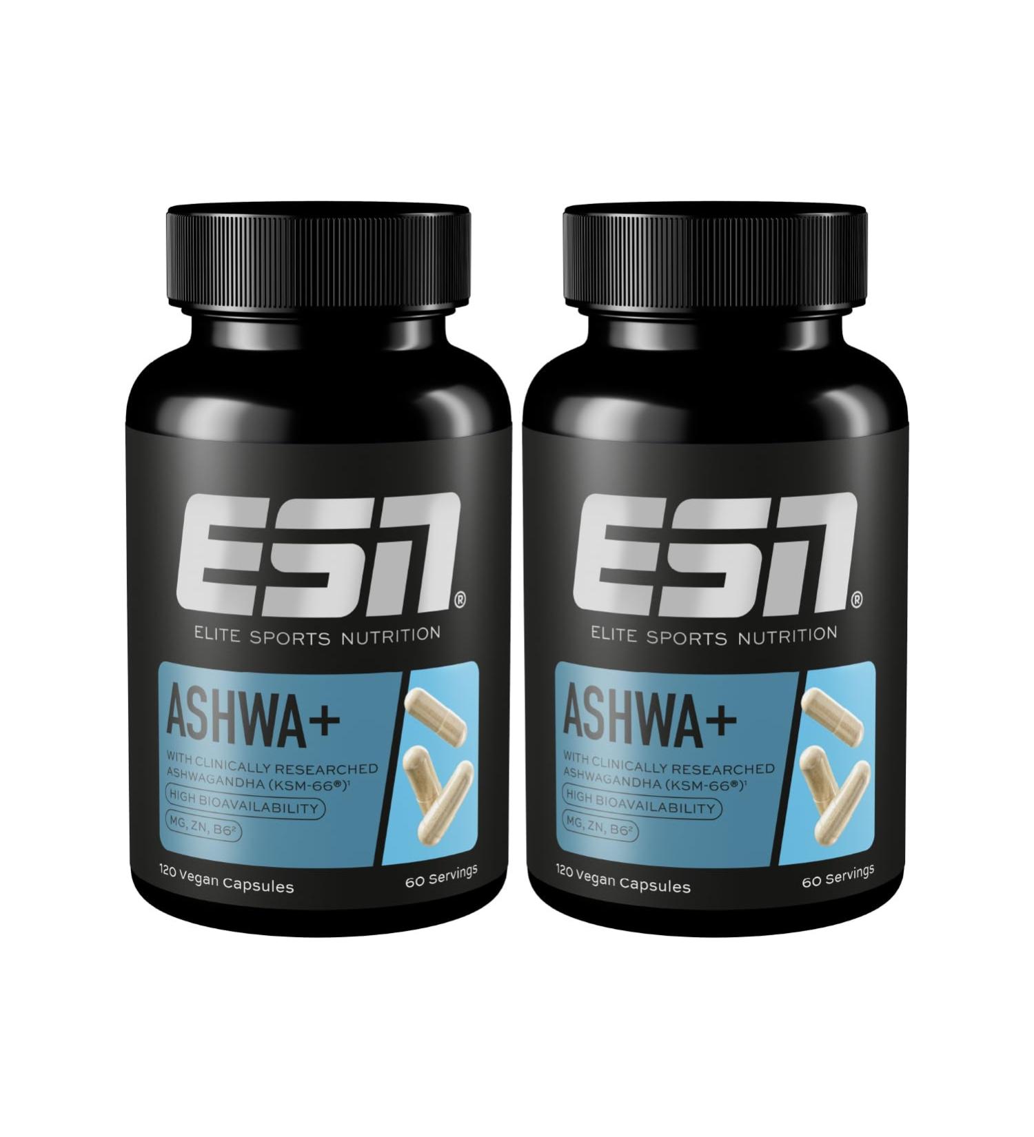 ESN Ashwa + KSM-66 Ashwagandha - Vegan Anti-Stress Capsules | 2 x 120 Count | Quality Tested in Germany - Buy Online on GoSupps.com