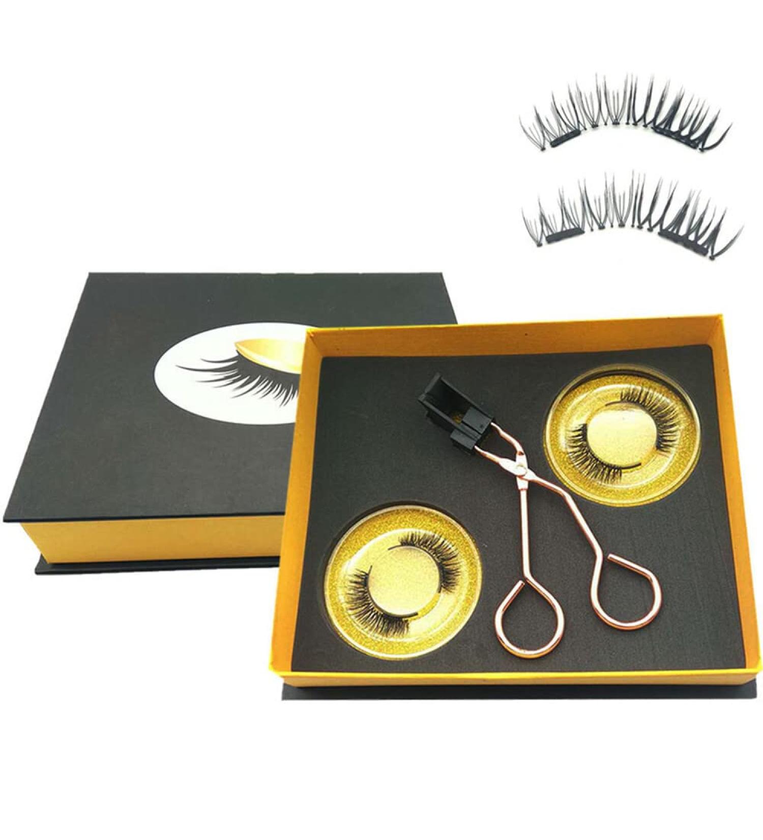Gold Magnetic Eyelashes Applicator Tool Kit with 2 Pairs of Glue-free Magnetic False Eyelashes - Natural Bushy Look - Buy Online on GoSupps.com