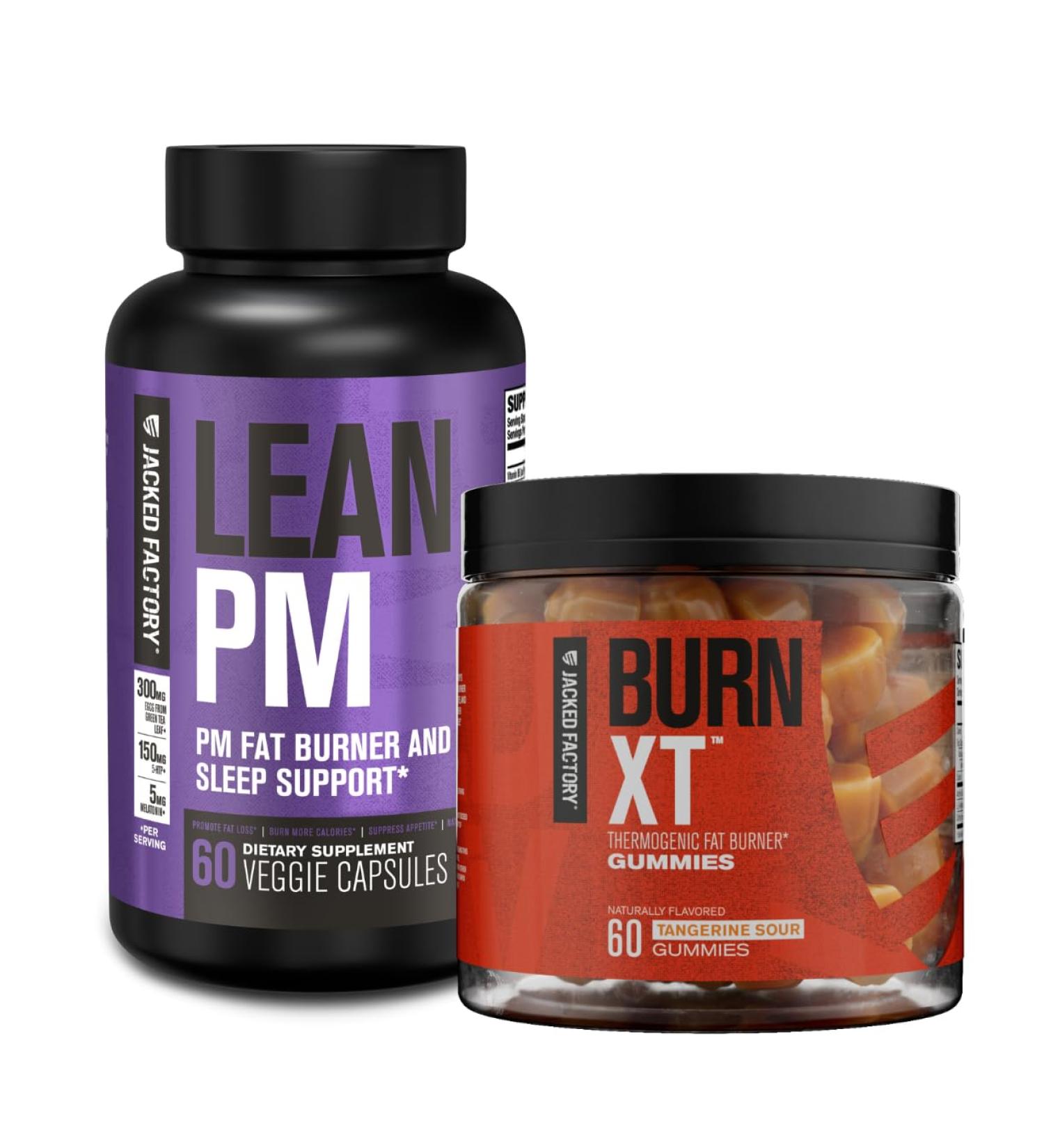Jacked Factory Lean PM Night Time Fat Burner Sleep Aid Supplement (60 Capsules) & Burn-XT Weight Loss Gummies - Thermogenic Fat Burner & Appetite Suppressant (Tangerine Sour 60 Gummies) - Buy Online on GoSupps.com