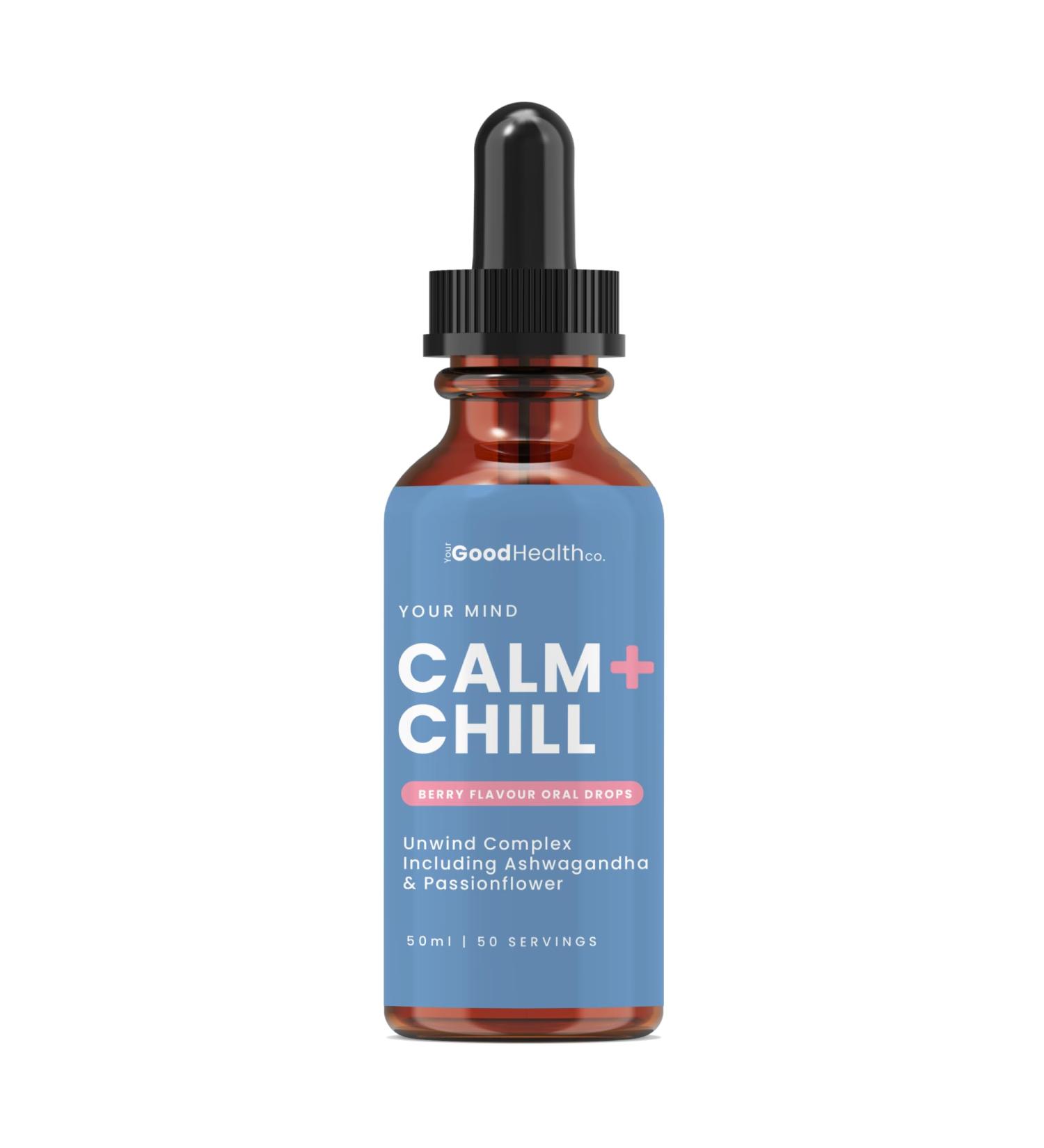 Your Good Health Co - Calm + Chill | Oral Drops | Relaxation Destress & Wellbeing | Chamomile Ashwagandha and Passionflower | 50 Servings | 50ml - Buy Online on GoSupps.com