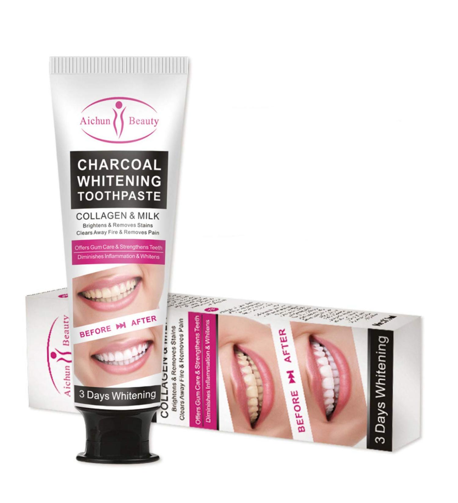 AICHUN BEAUTY Charcoal Toothpaste for Stains & Yellow Teeth - 3 Day Collagen Formula 100ml - Shine Bright - Buy Online on GoSupps.com