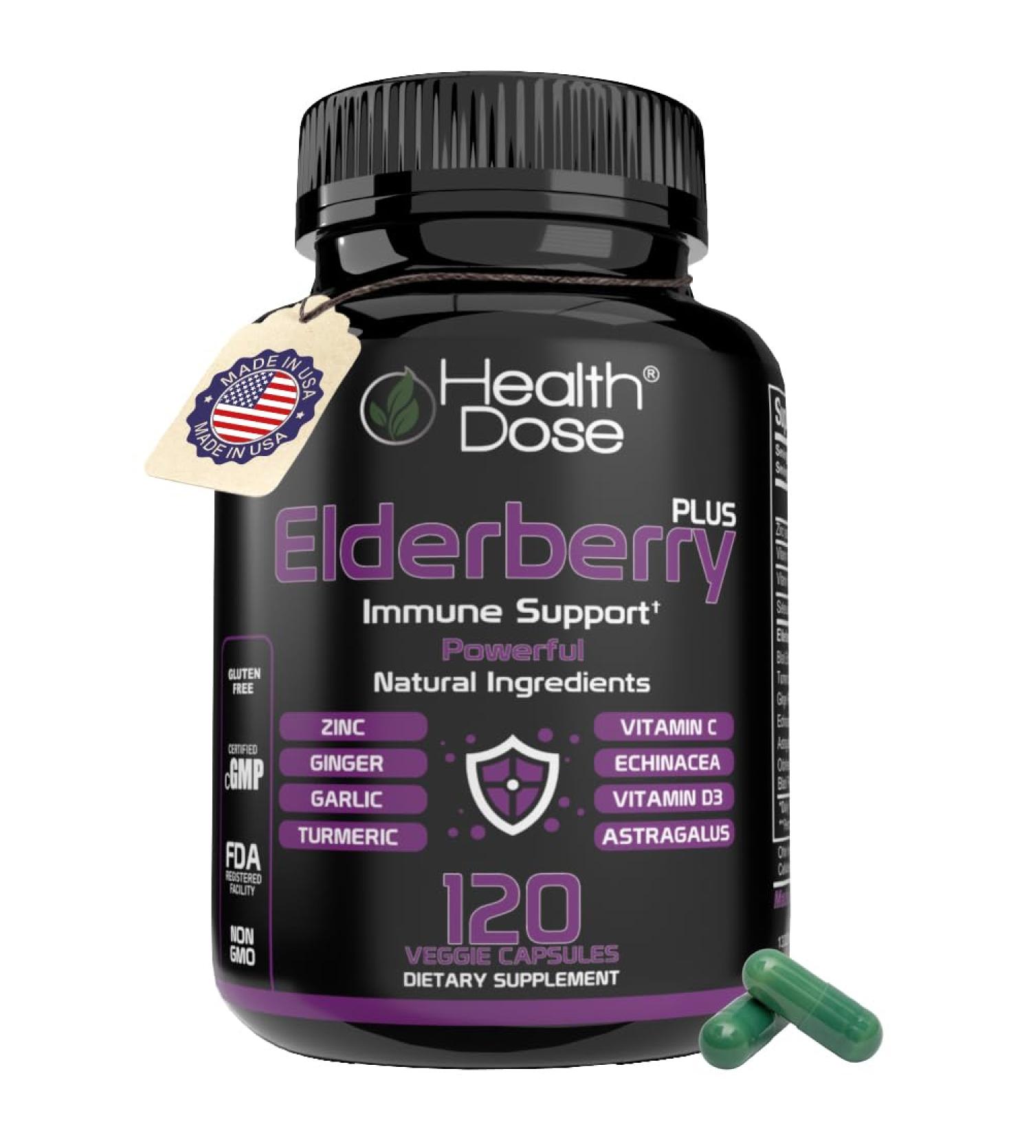 Health Dose Elderberry Plus Capsules Immune Support Supplement with Vitamins C D3 Zinc Selenium & 11 Ingredients for Year-Round Wellness 120 Veggie Capsules 2-Month Supply - Buy Online on GoSupps.com