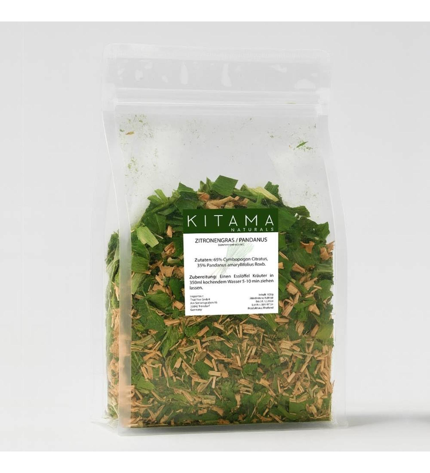  Kitama Lemongrass tea with pandan 100g sun-dried from Thailand. A wellness tea for relaxation and unwinding. - Buy Online on GoSupps.com