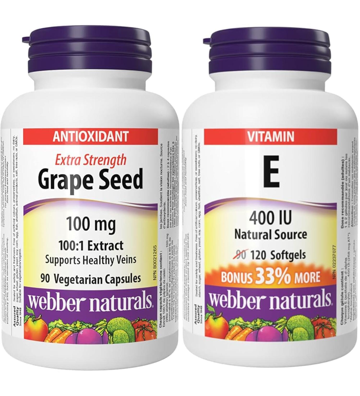 Webber Naturals Grape Seed 100 mg Extra Strength 90 Capsules Antioxidant Support Vegan & Vitamin E 400 IU 120 Softgels Natural Source of Vitamin E Antioxidant Support Seed + Vitamin E 400 IU - Buy Online on GoSupps.com