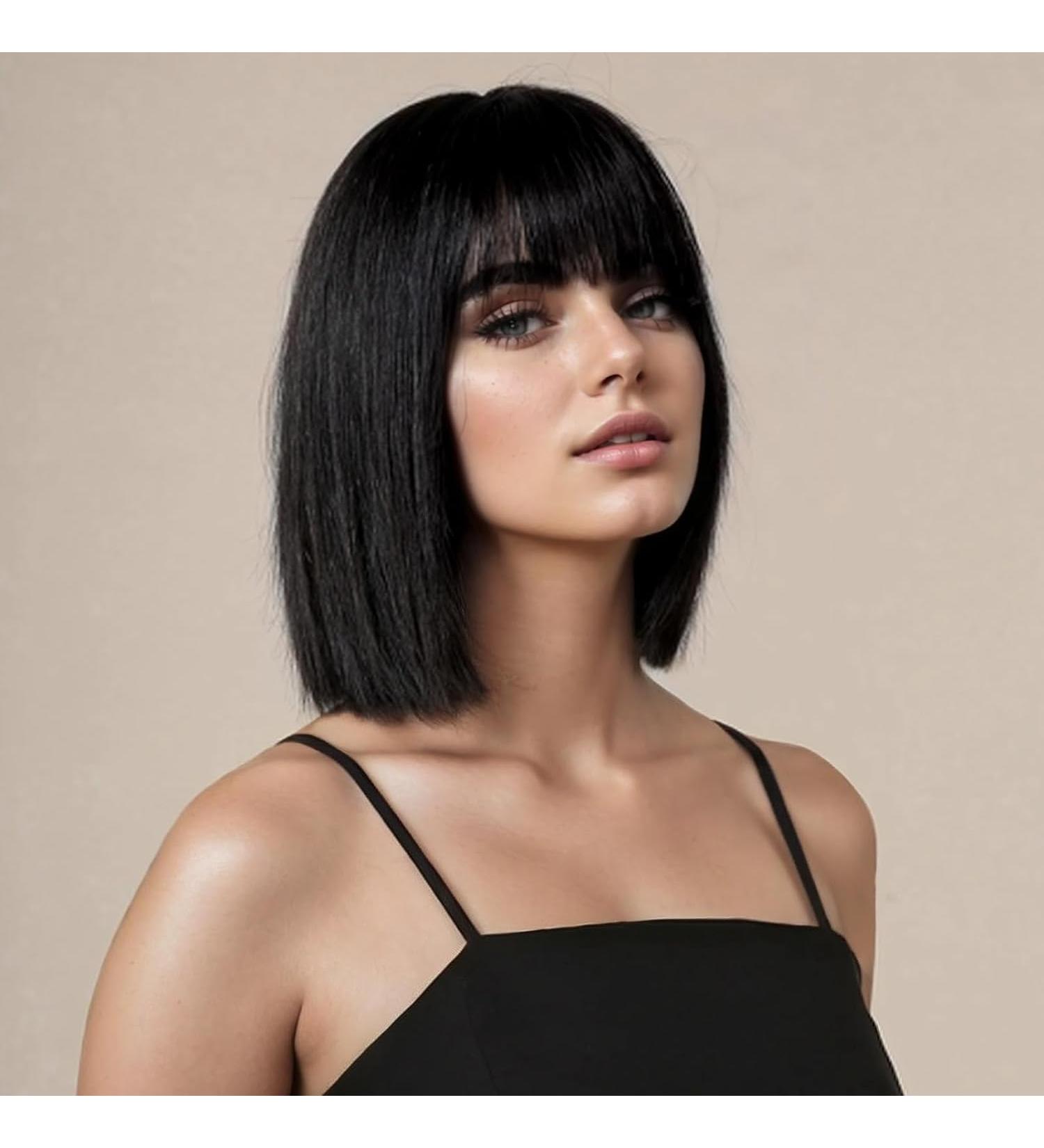 PORSMEER Short Straight Bob Black Wigs with Fringe Shoulder Length Hair Colorful Wig for Women Girls Heat Resistant Synthetic Wig for Cosplay Halloween Party Wig 14 Inch 35cm - Buy Online on GoSupps.com