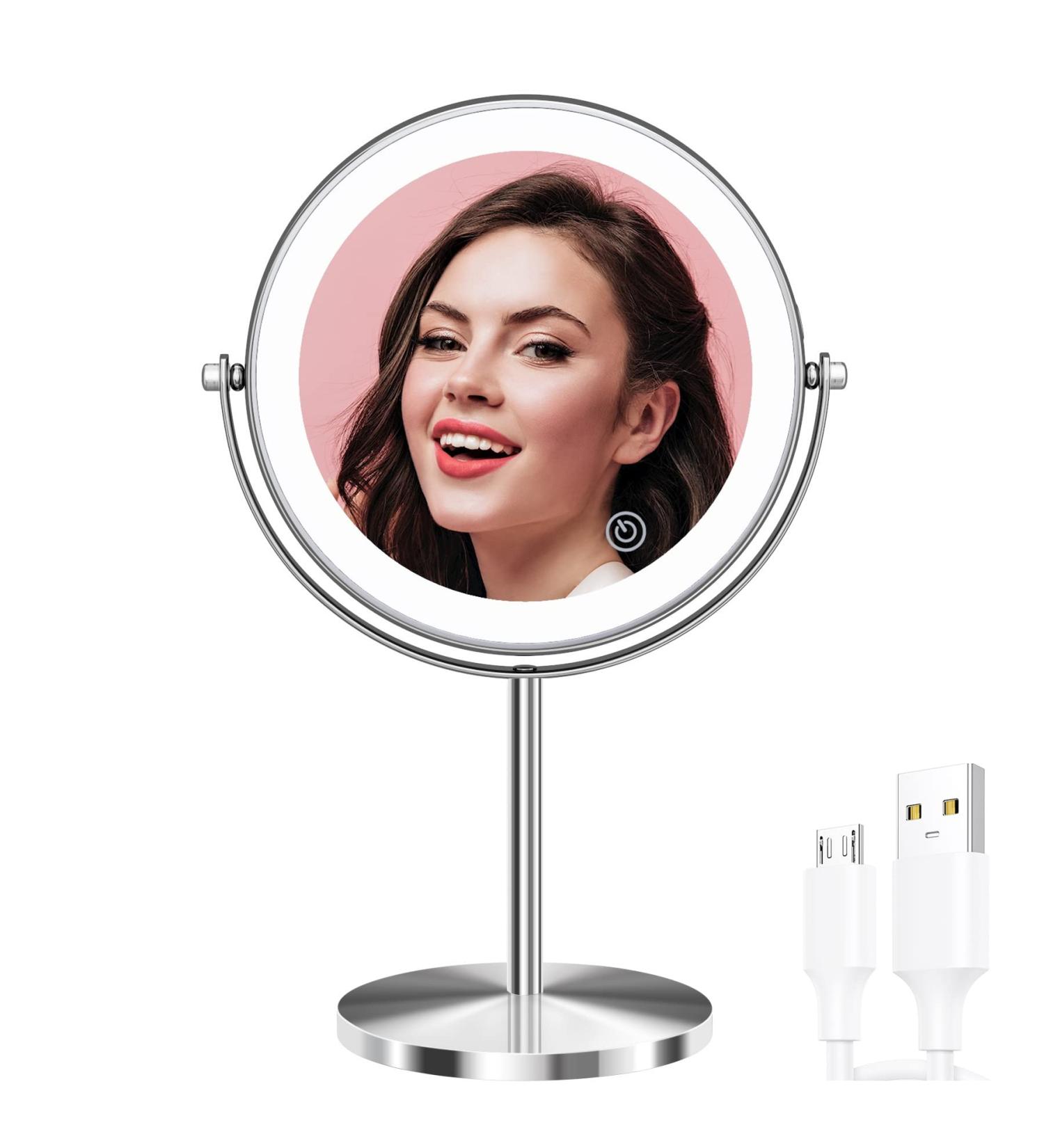 8 inch Rechargeable Lighted Makeup Mirror | 1X/10X Magnification | 3 Color LED Lights | 360 Rotation | Cordless and Brightness Adjustable - Buy Online on GoSupps.com